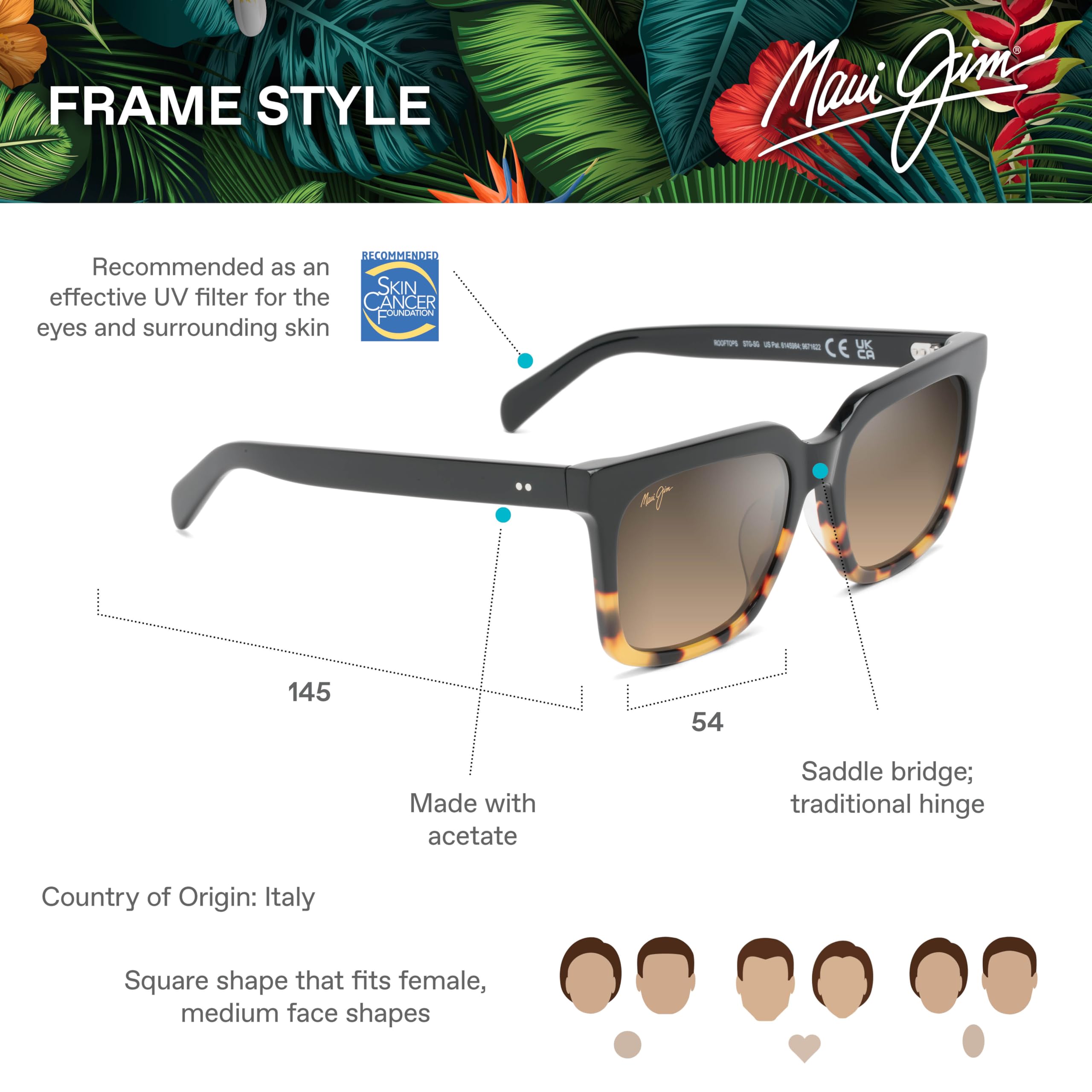 Maui Jim Rooftops Square Polarized Sunglasses for Men & Women - UV Protection, Lightweight Frame - Perfect for Driving, Beach & Outdoor Activities