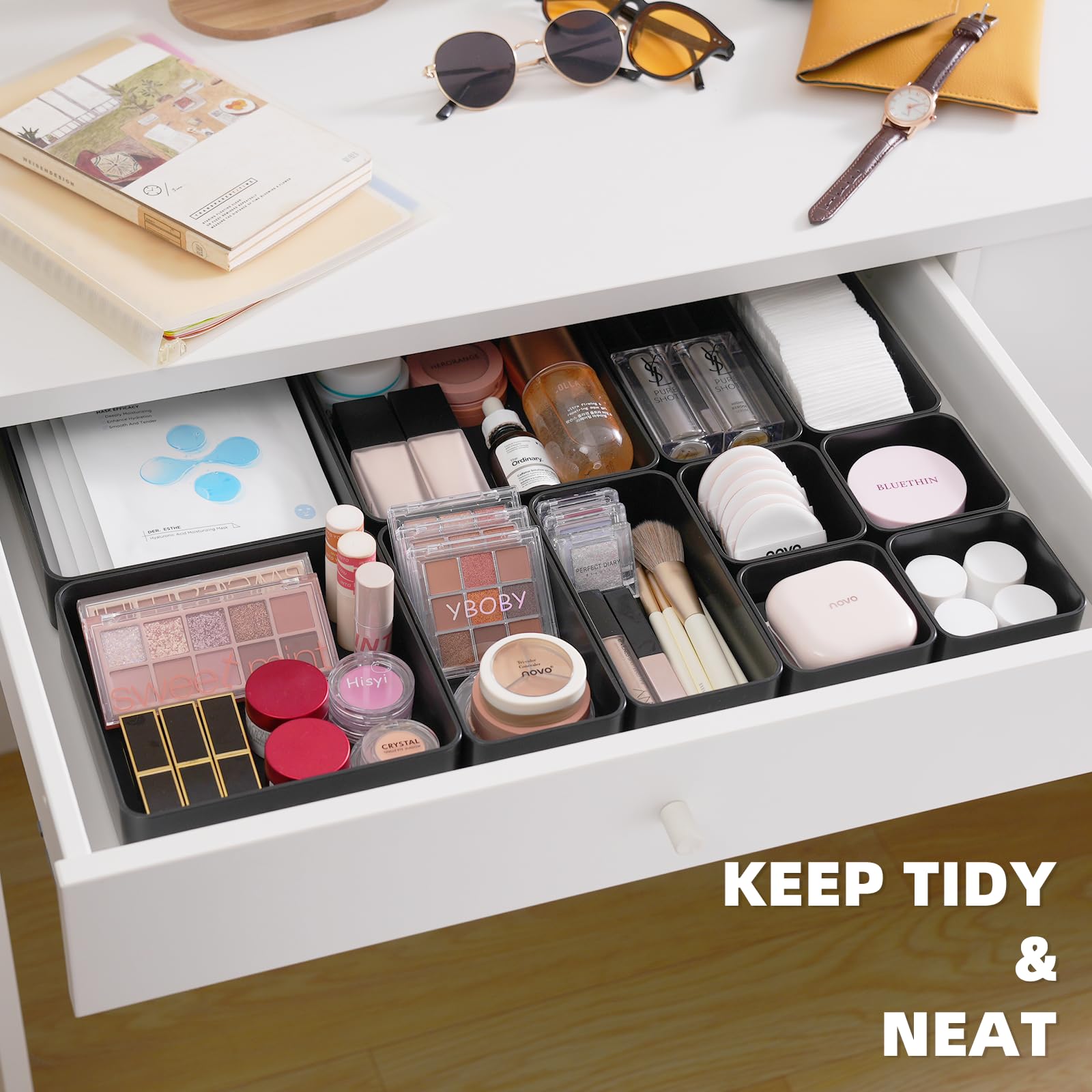 11-Piece Stackable Drawer Organizer Set - Multi-Size Desk & Vanity Storage Bins for Makeup, Stationery, Utensils - Perfect for Bathroom, Dresser, Office & Kitchen Organization