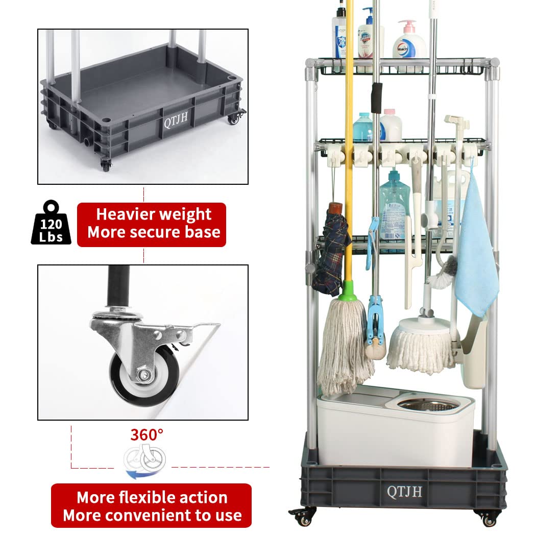 Steel Wire Storage Shelf & Broom Mop Holder - Heavy Duty Janitorial Cart Organizer for Cleaning Supplies | Perfect for Home, Garage & Commercial Use
