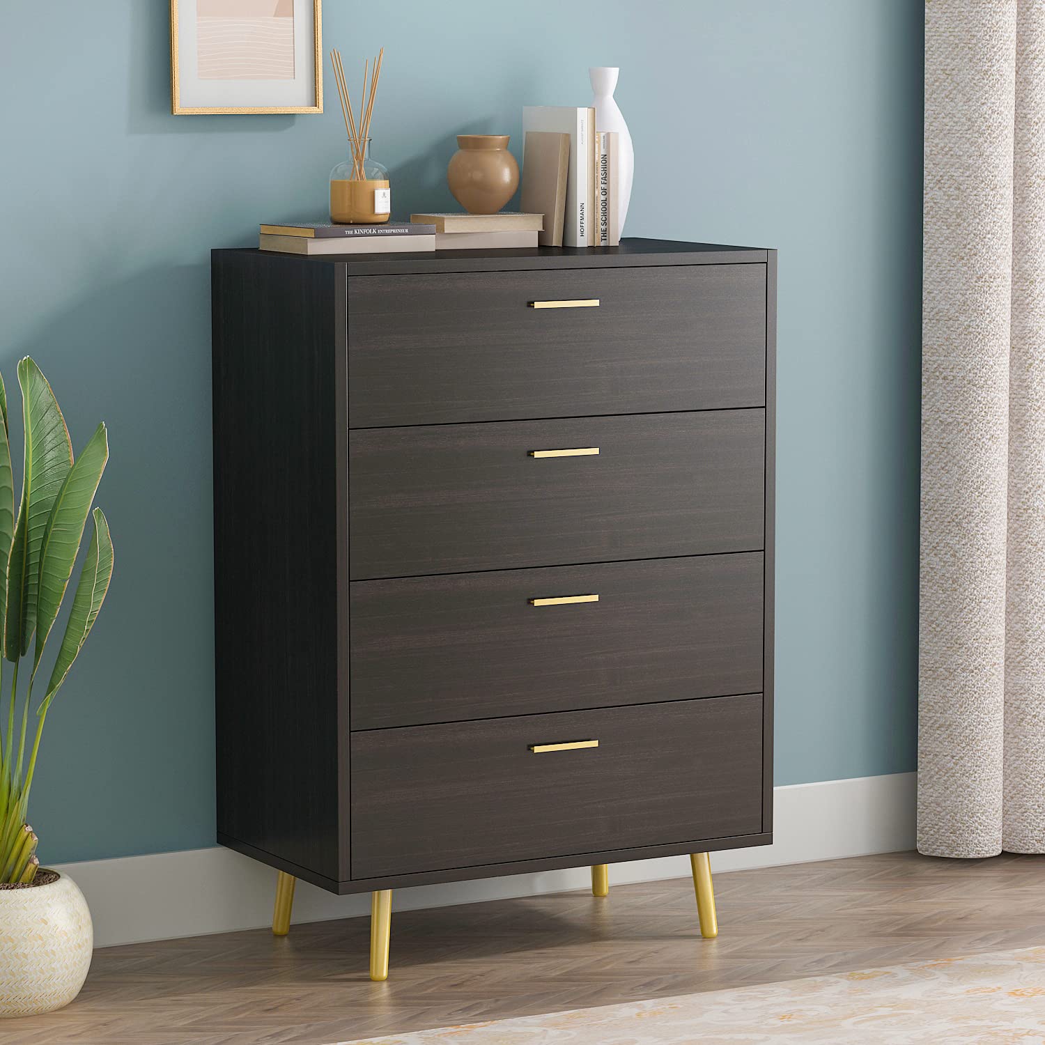 Modern 4-Drawer Wood Dresser with Gold Metal Legs & Handles - Deep Brown Storage Chest for Bedroom, Living Room & Hallway (27.4”L x 15.6”W x 37.5”H) - Perfect for Organizing Clothes, Linens & Home Decor Accessories