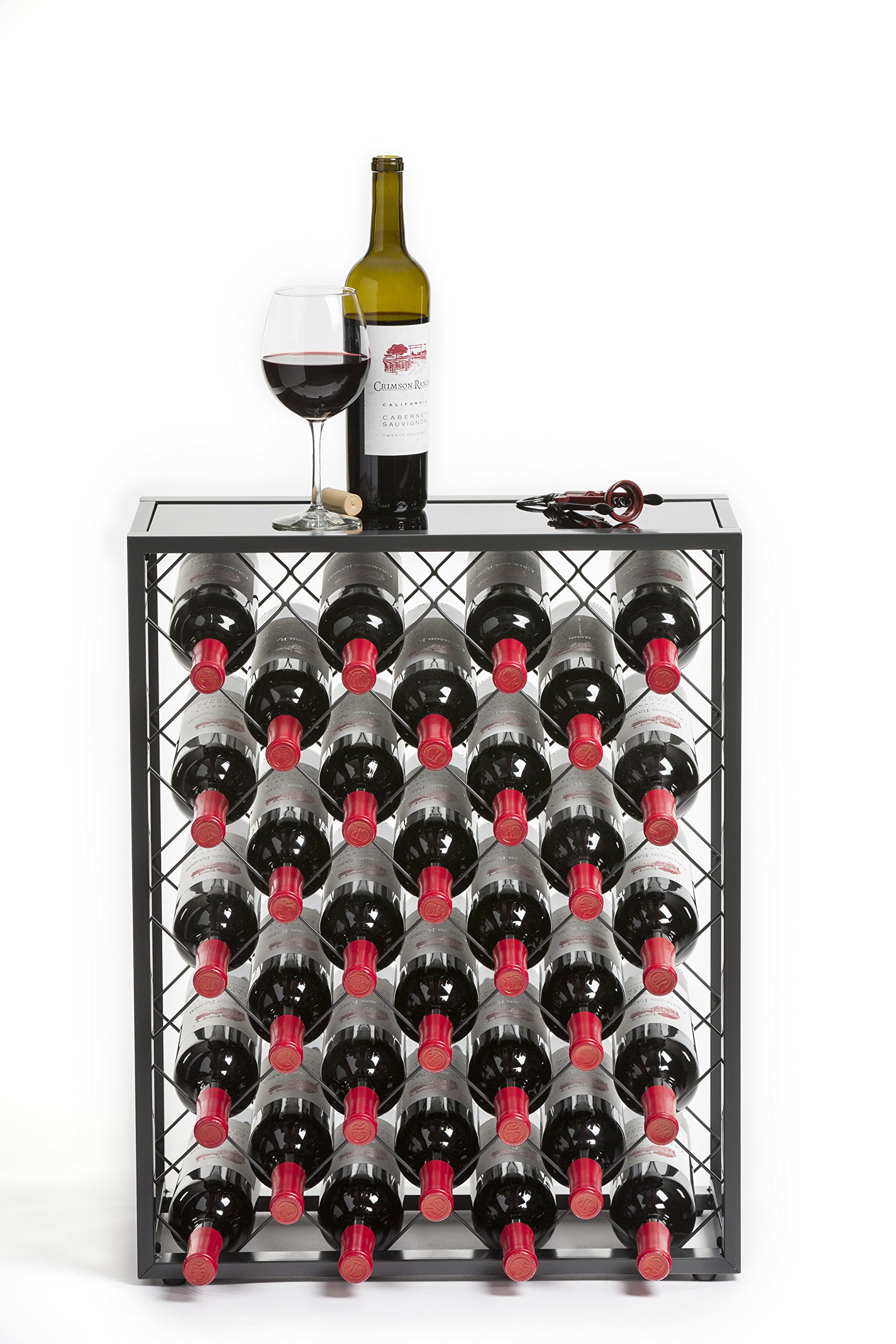 Premium 32-Bottle Mango Wood Wine Rack with Tempered Glass Top Shelf - Freestanding Wine Storage for Home, Kitchen, Bar & Dining Room - Perfect for Wine Cellars, Entertaining & Displaying Your Collection