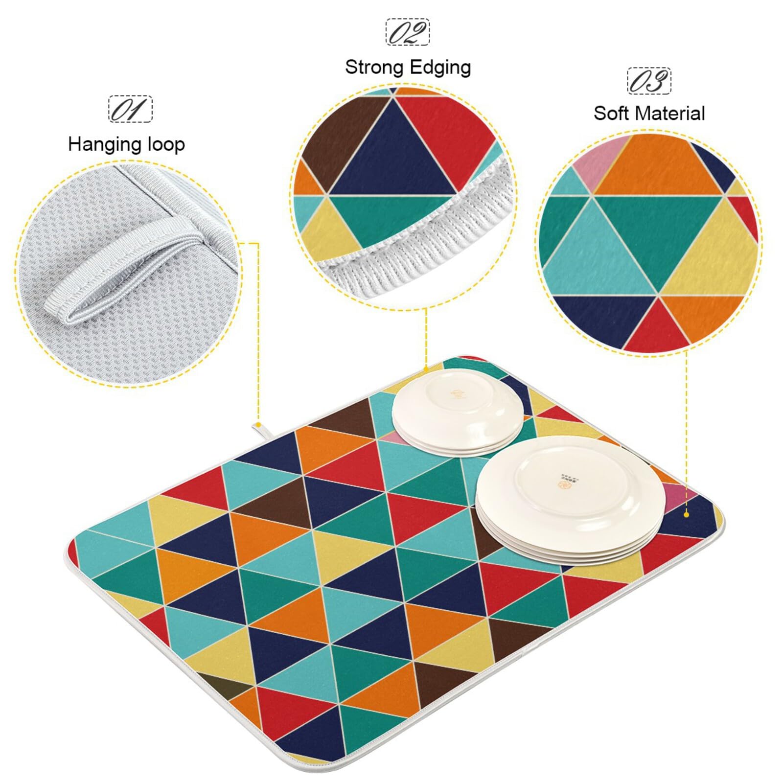 Colorful Geometric Dish Drying Mat - Absorbent Microfiber Kitchen Countertop Drying Pad (16x18 Inches) | Non-Slip, Washable Dish Rack Mat for Plates, Cups & Utensils | Perfect for Kitchen Counter, Sink Side & Dish Drainer Organization