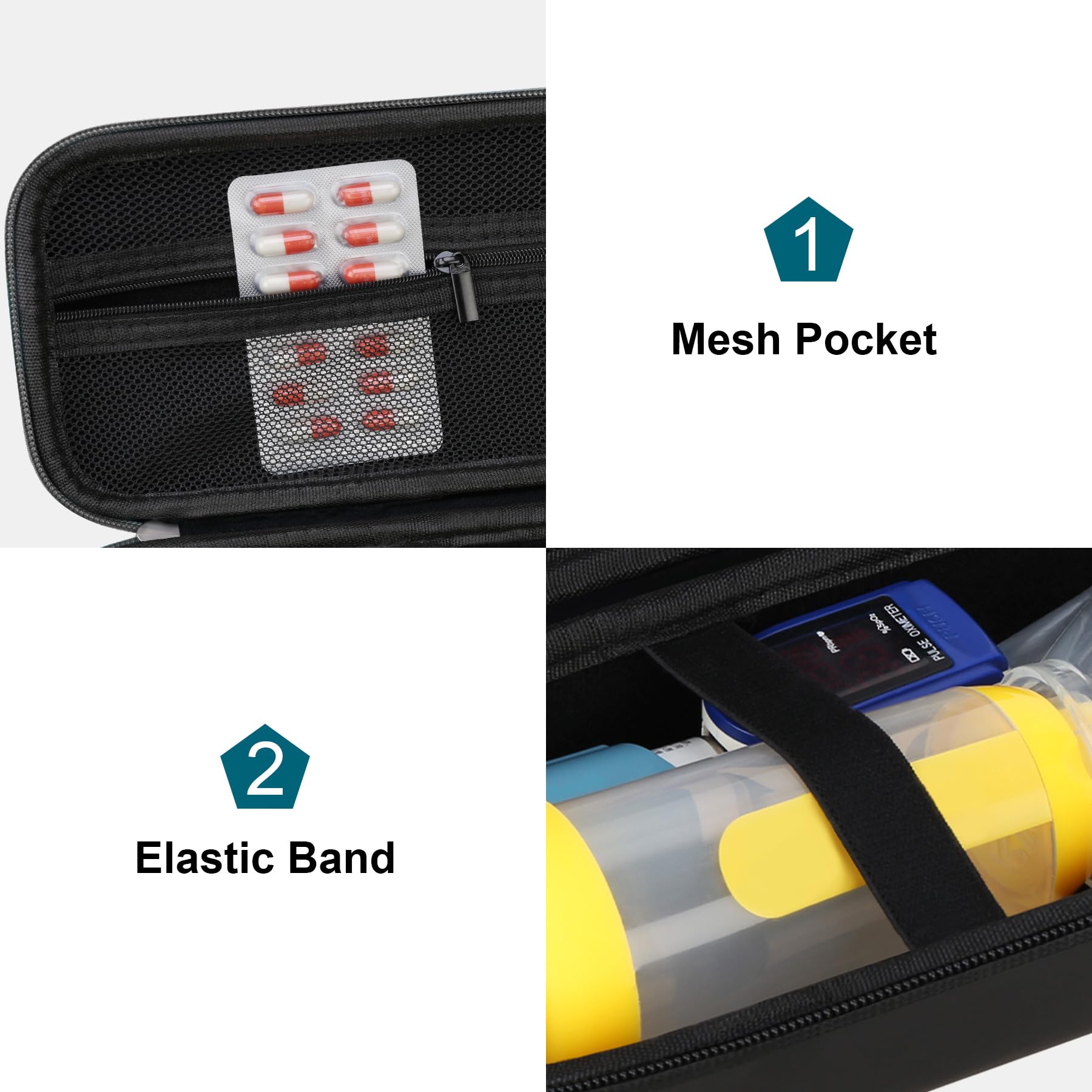 Canboc Portable Asthma Inhaler Travel Case with Handheld Spacer - Hard Protective Storage for Adults & Kids, Includes Mesh Pocket for Medicine & Essentials (Black) - Perfect for Travel, School & Daily Use