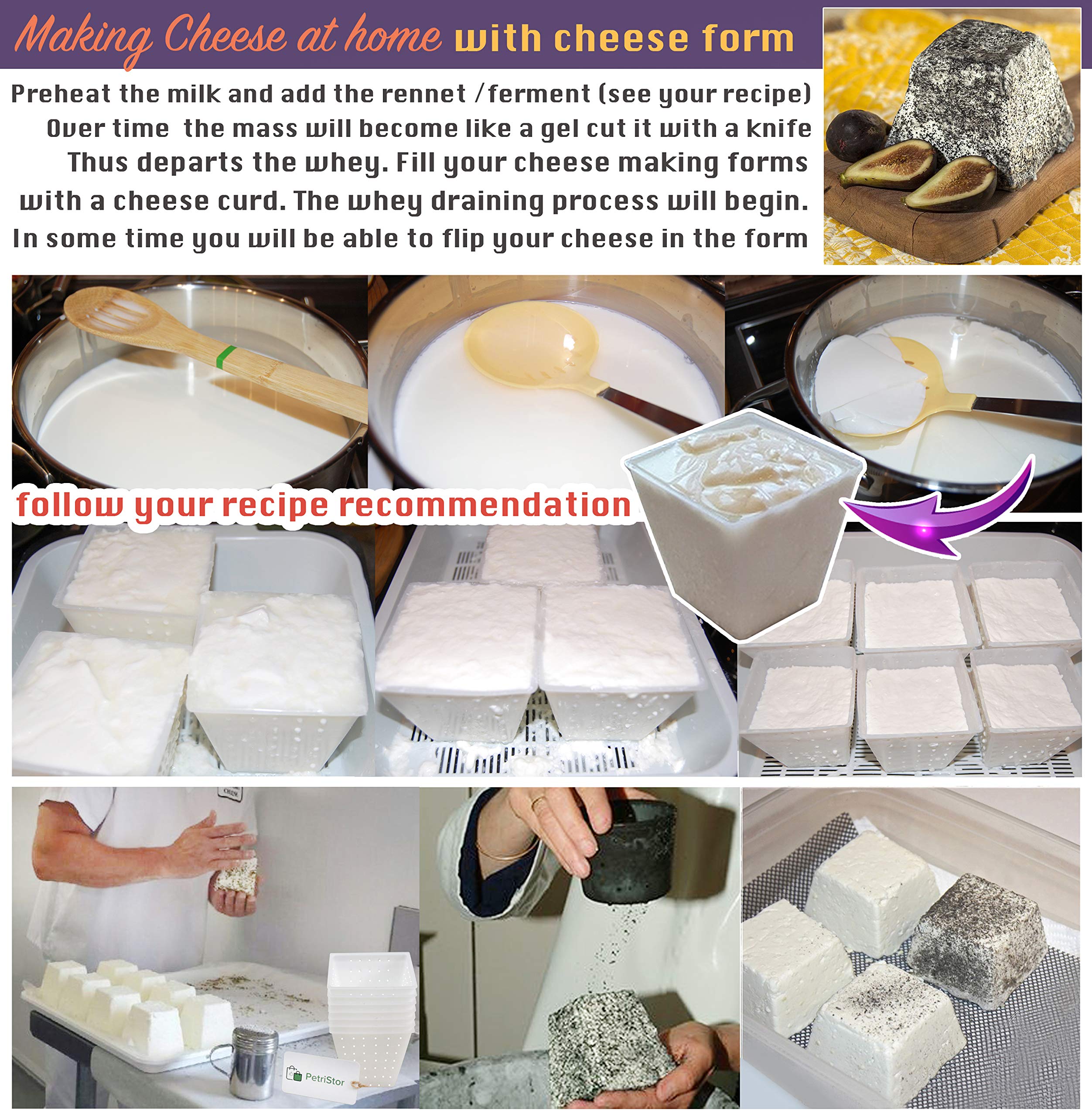 7-Piece Small Cheese Mold Pyramid Set (0.45QT) - Food-Grade Soft Cheese Molds for Homemade Feta, Cream Cheese & Fresh Cheese Making - DIY Cheese Making Supplies & Tools - Perfect for Artisan Cheesemaking, Home Kitchens & Gifts