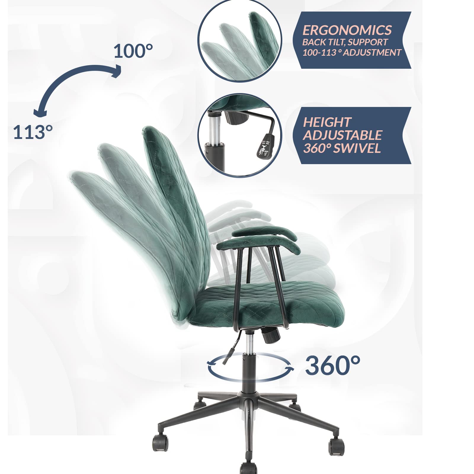 Dark Green Vintage Upholstered Office Chair - Adjustable Swivel Armchair with Lumbar Support & Wheels, Mid-Back Velvet Task Chair (2-Pack) - Perfect for Home Office, Study Room & Gaming Setup