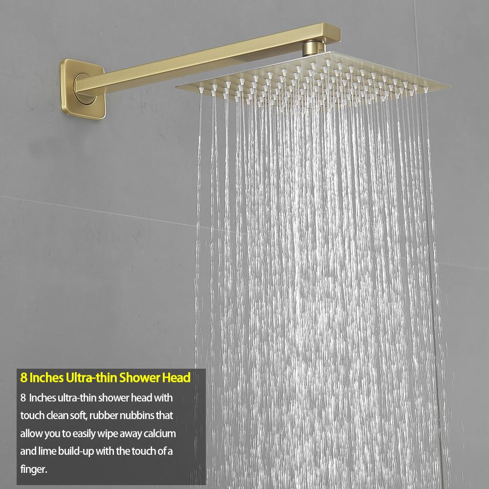 Brushed Gold Shower Faucet Set - Single Function Shower Trim Kit with Rough-in Valve, Square Rain Shower Head & Extra Long Shower Arm | Modern Bathroom Upgrade for Spa-Like Experience
