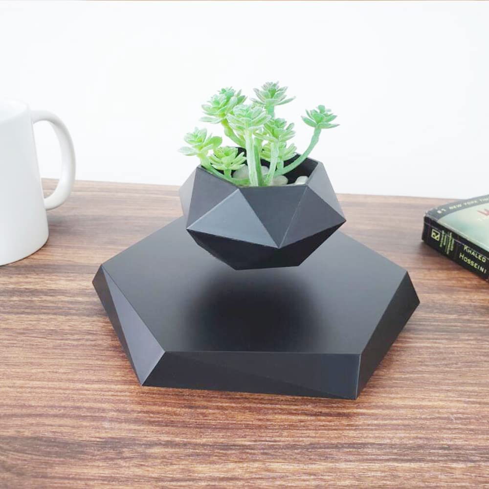 Floating Magnetic Levitating Flower Pot - Black Hexagon Air Bonsai Planter with 360° Rotation | Unique Home & Office Desk Decor for Modern Spaces