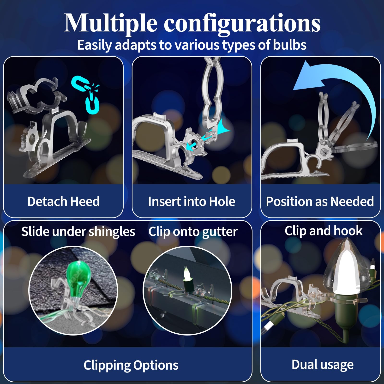 200-Pack Christmas Light Clips for Outdoor Holiday Decorations - Shingle & Gutter Mounting Clips for Mini, C6, C7, C9, Rope & Icicle Lights - No Tools Needed - Perfect for Roof, Fence & Window Decorations