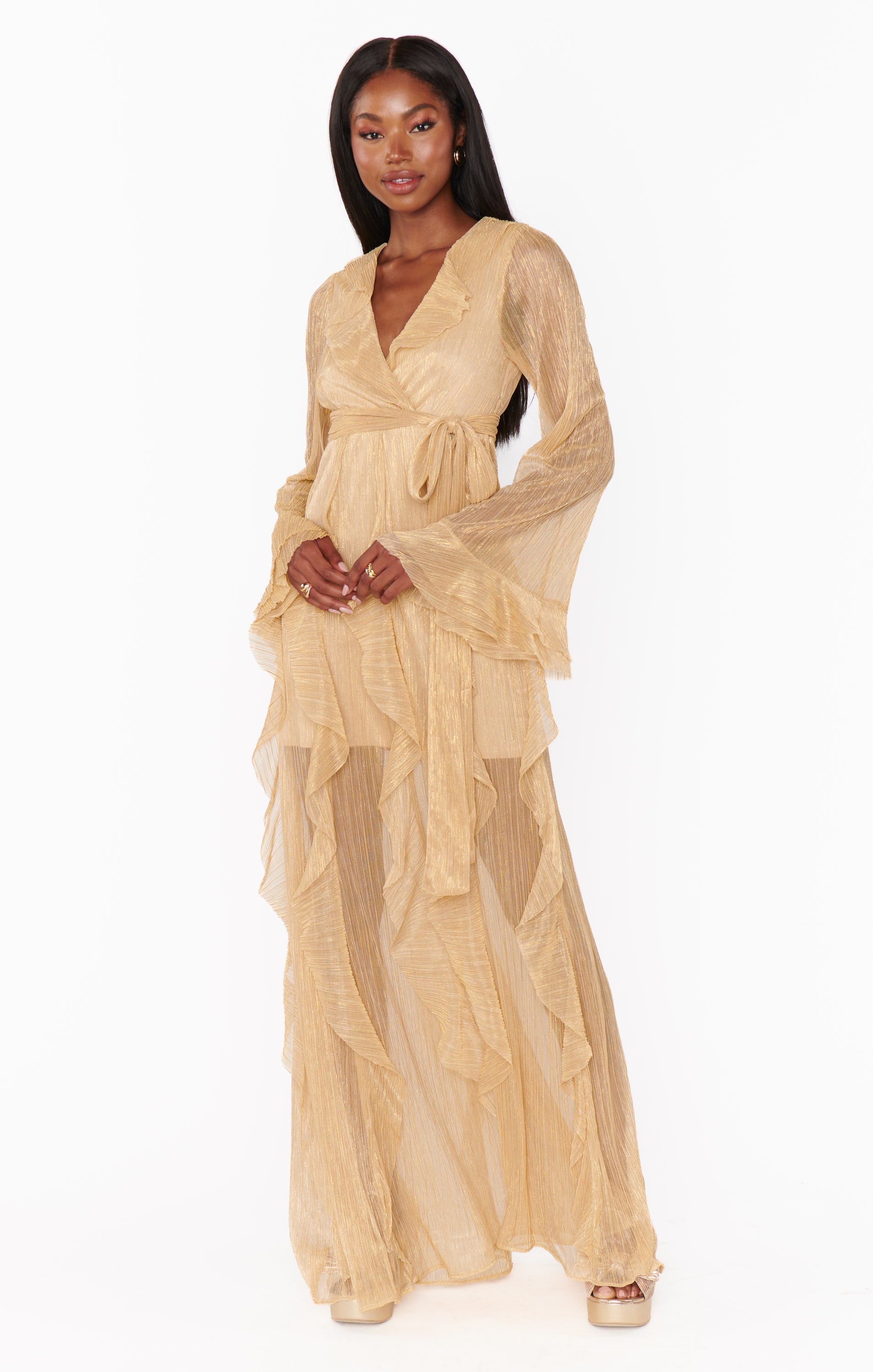 Jenny Ruffle Maxi Dress in Gold Glimmer - Elegant Flowy Long Dress for Women, Perfect for Weddings, Parties & Special Occasions
