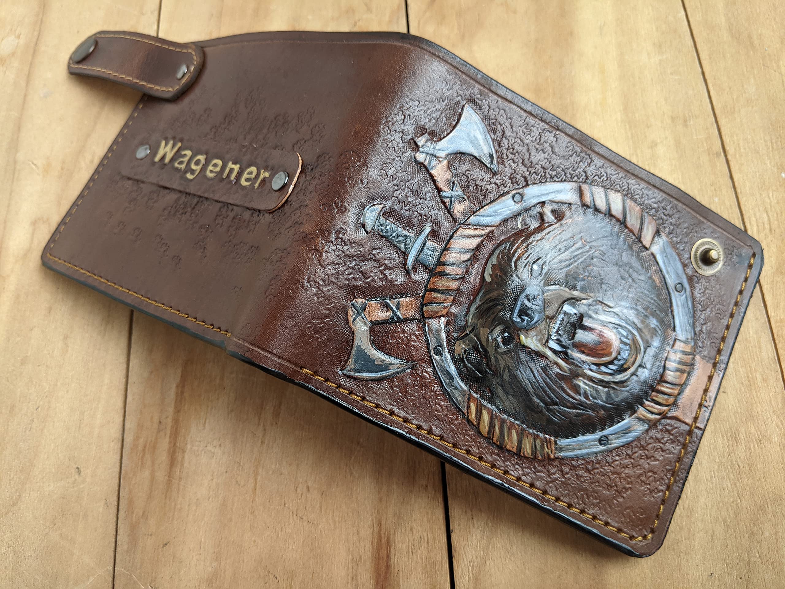 **Handmade 3D Genuine Leather Bifold Wallet for Men - Axe, Sword & Bear Hunting Themed Carved Design - Custom Personalized Airbrush Art Wallet for Outdoor Enthusiasts & Gift Ideas**    *(Perfect for Hunters, Camping, Outdoor Adventures & Unique Gifts for Men)*