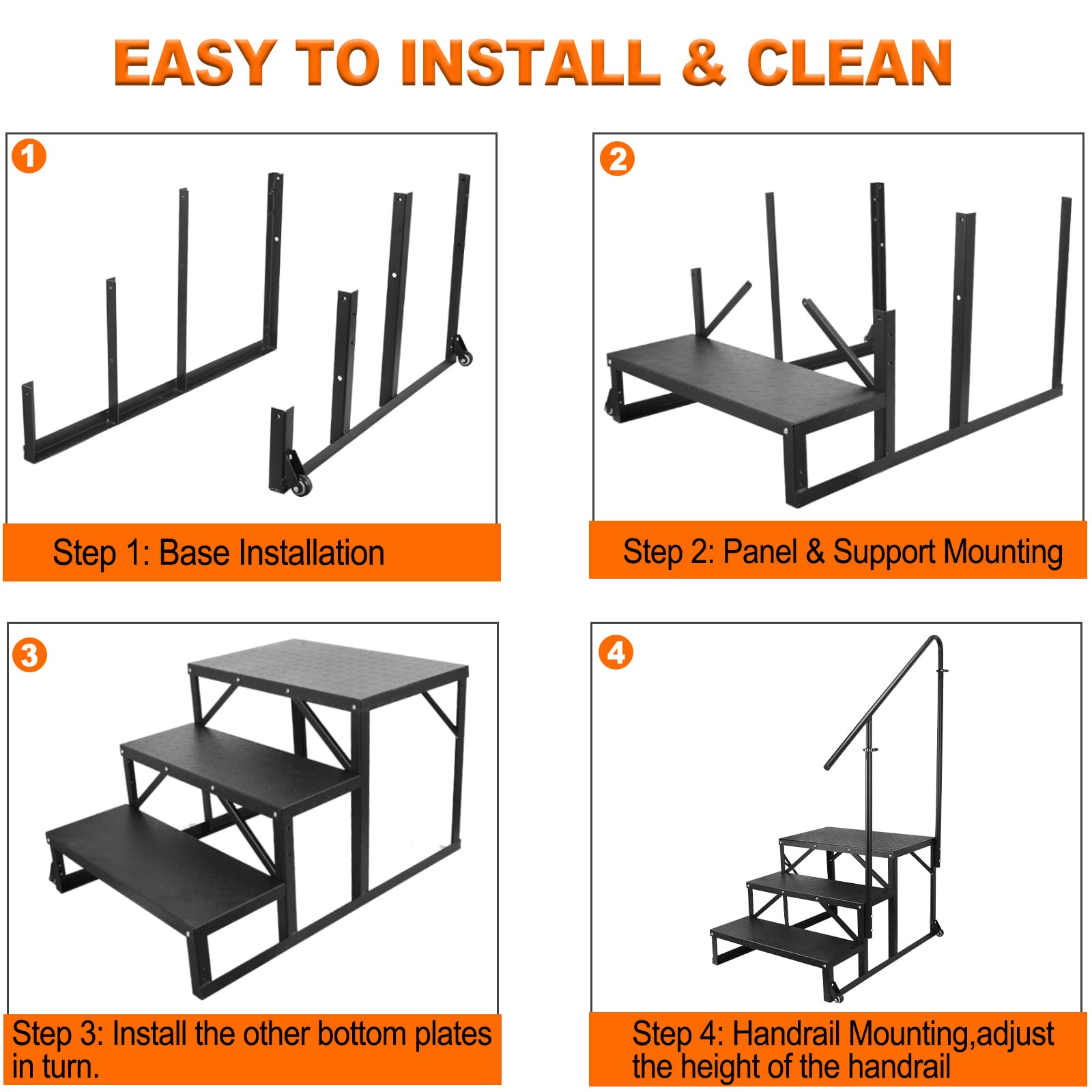 3 Step RV Stairs with Handrail - Adjustable Height, Non-Slip Tread & Wheels - Portable Steps for RV, Hot Tub, Camper, Trailer - Outdoor Use for Easy Access & Safety