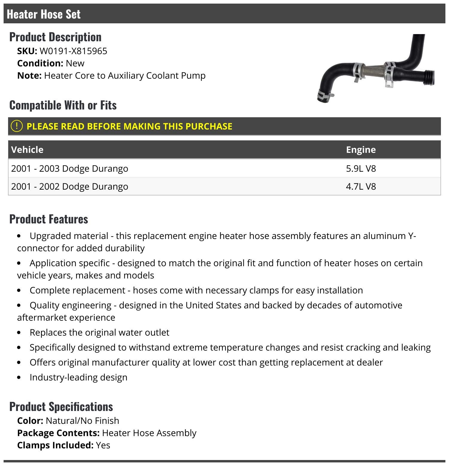 Heater Core to Auxiliary Coolant Pump Hose Assembly for 2001-2003 Dodge Durango 4.7L 5.9L V8 - Replacement Cooling System Part for Engine Overheating Prevention - Perfect for Winter Driving and Off-Road Adventures