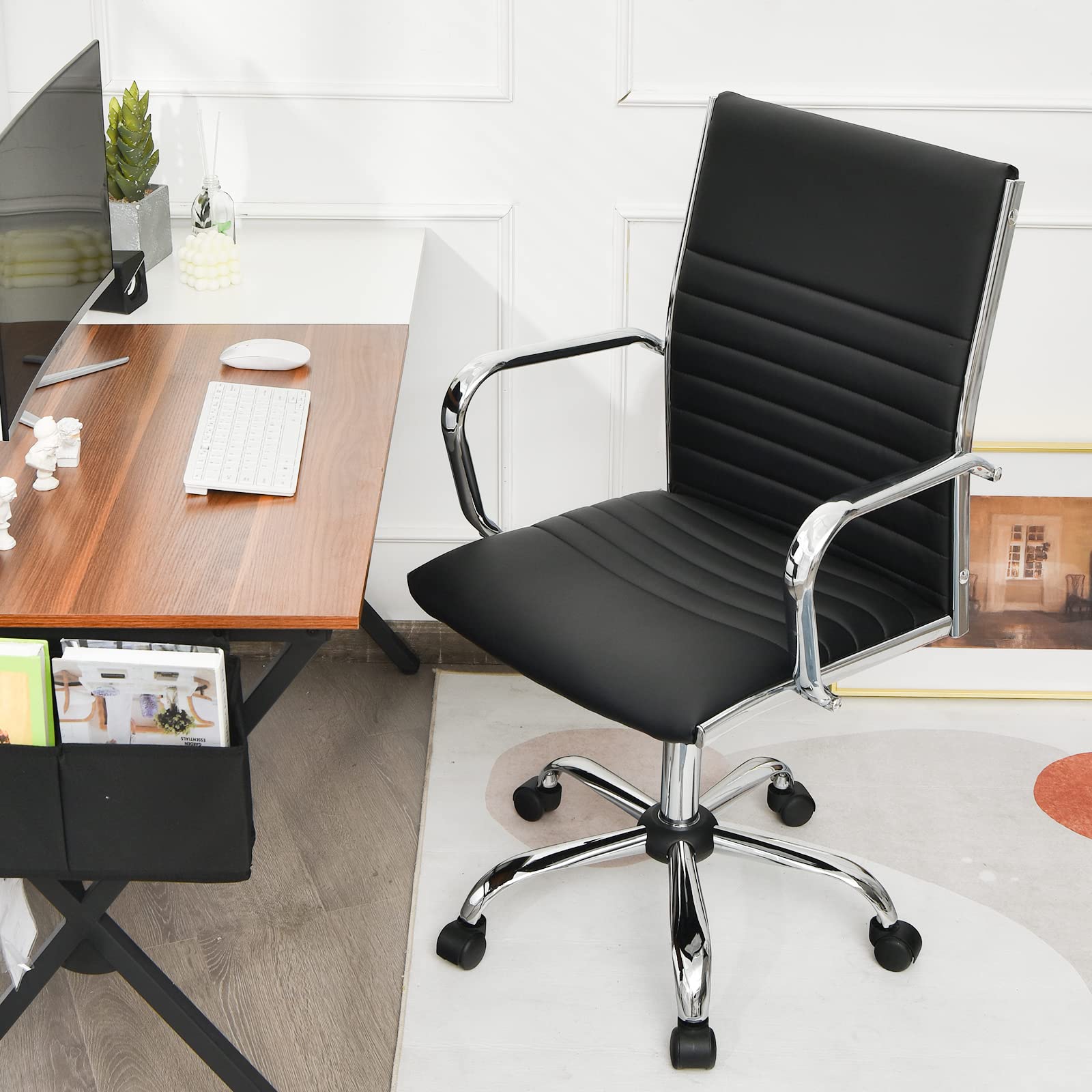 COSTWAY Ergonomic Office Chair - PU Leather High Back Executive Chair with Adjustable Height, Rocking Backrest & Lumbar Support - Ribbed Computer Desk Chair for Home & Office (Black) - Perfect for Long Work Hours & Gaming Sessions