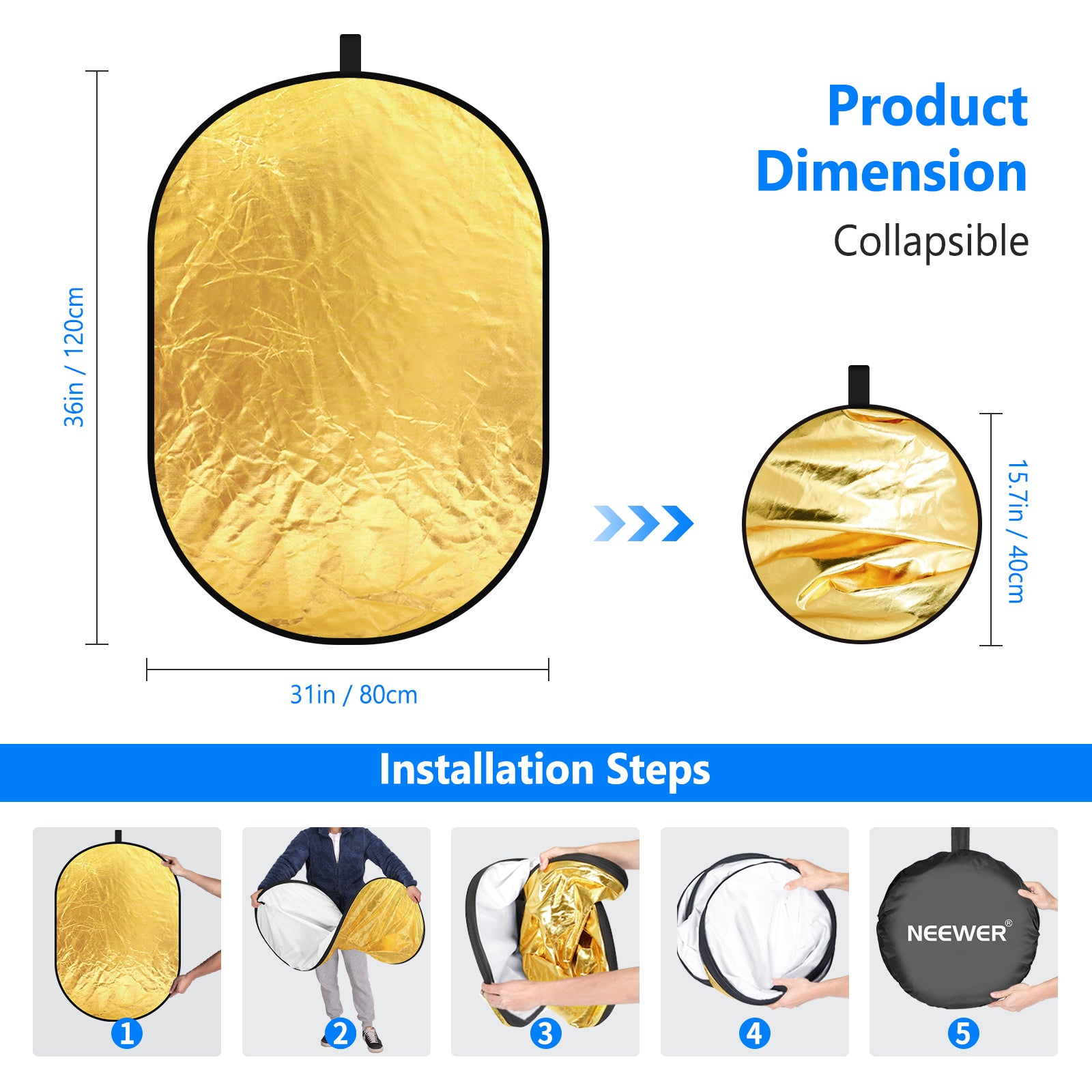 NEEWER 5-in-1 Portable Photography Lighting Reflector and Diffuser Kit for Studio, Outdoor, and Portrait Photography