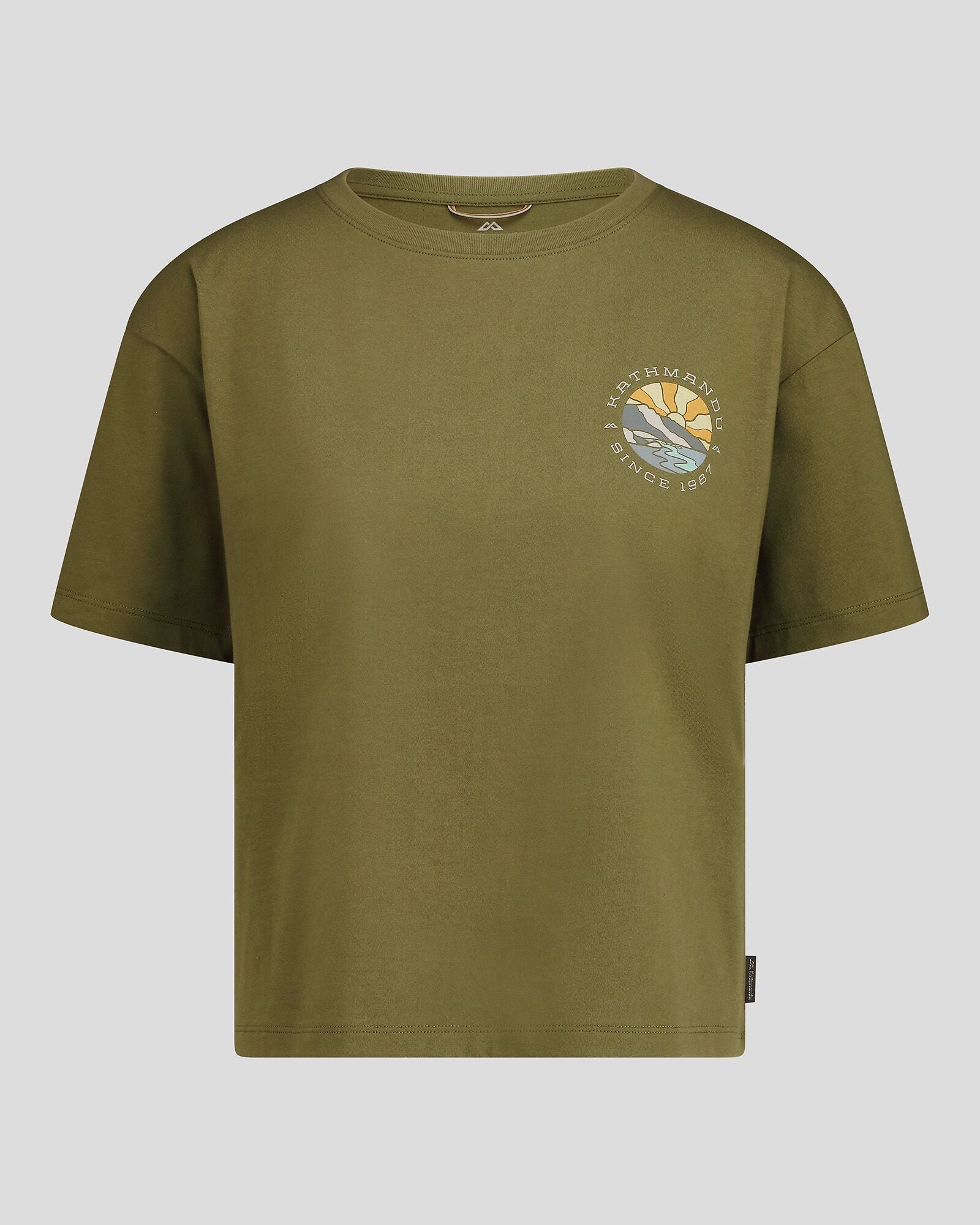Women's Kathmandu Logo Sunburst Organic Cotton T-Shirt - Dark Fern | Eco-Friendly Casual Tee for Outdoor Adventures & Everyday Wear