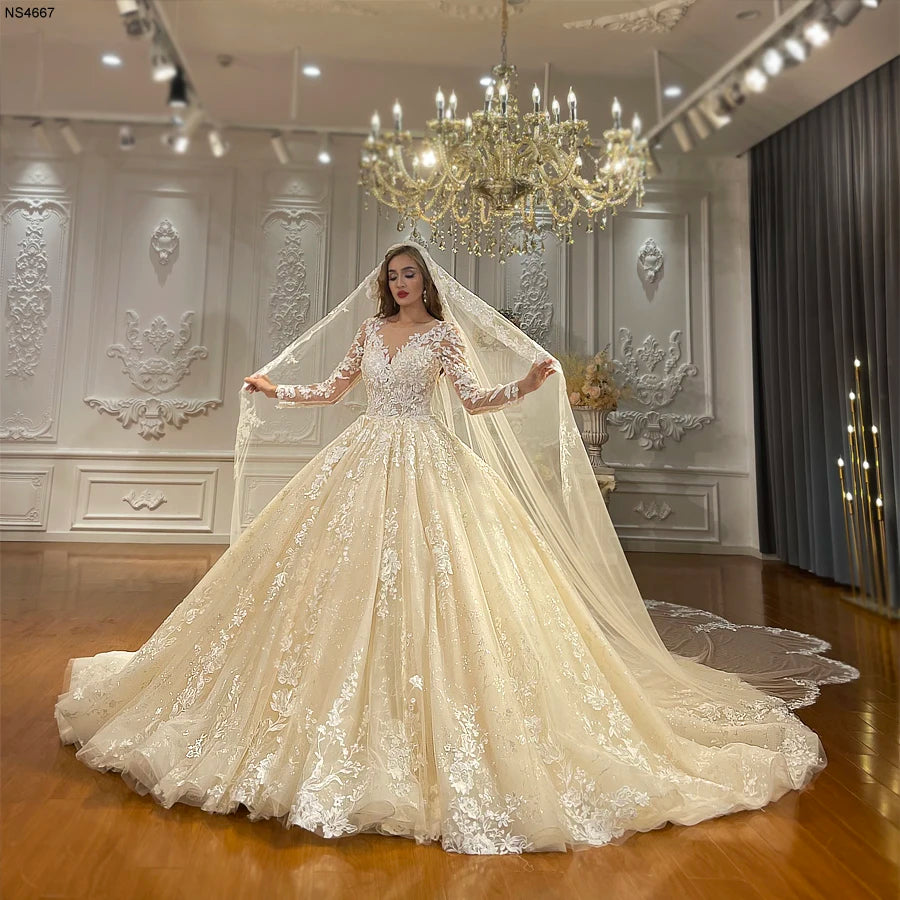 Elegant Champagne Full Lace Ball Gown Wedding Dress with Long Sleeves - Perfect for Bridal Ceremony, Formal Events & Romantic Photos