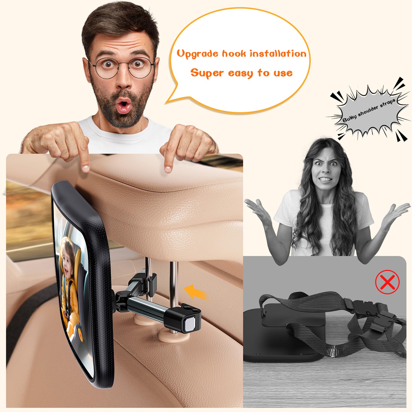 Rukie Baby Car Mirror - Shatterproof 360° Rotating Rear Facing Car Seat Mirror with Hook Clip | Wide Crystal Clear View for Safe Baby Monitoring | Easy to Install | Perfect for Road Trips & Daily Commutes with Infants