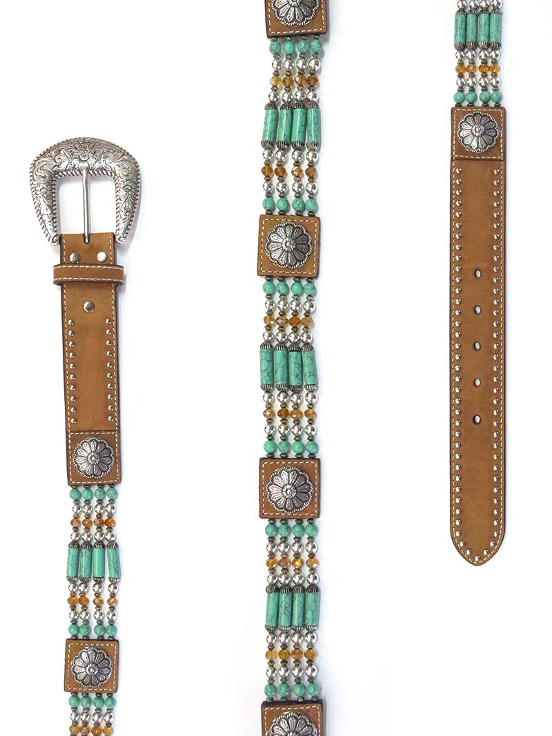Nocona N3412744 Women's Beaded Floral Concho Western Belt - Brown Leather Cowgirl Belt for Western Outfits & Rodeo Events