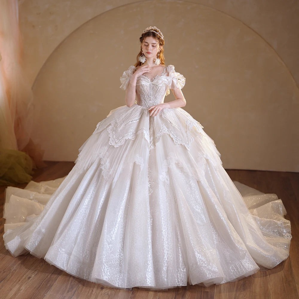 Elegant Organza O-Neck Long Sleeve Wedding Gown with Button Illusion Ruffles - Perfect for Bridal Ceremony, Formal Events & Romantic Photos