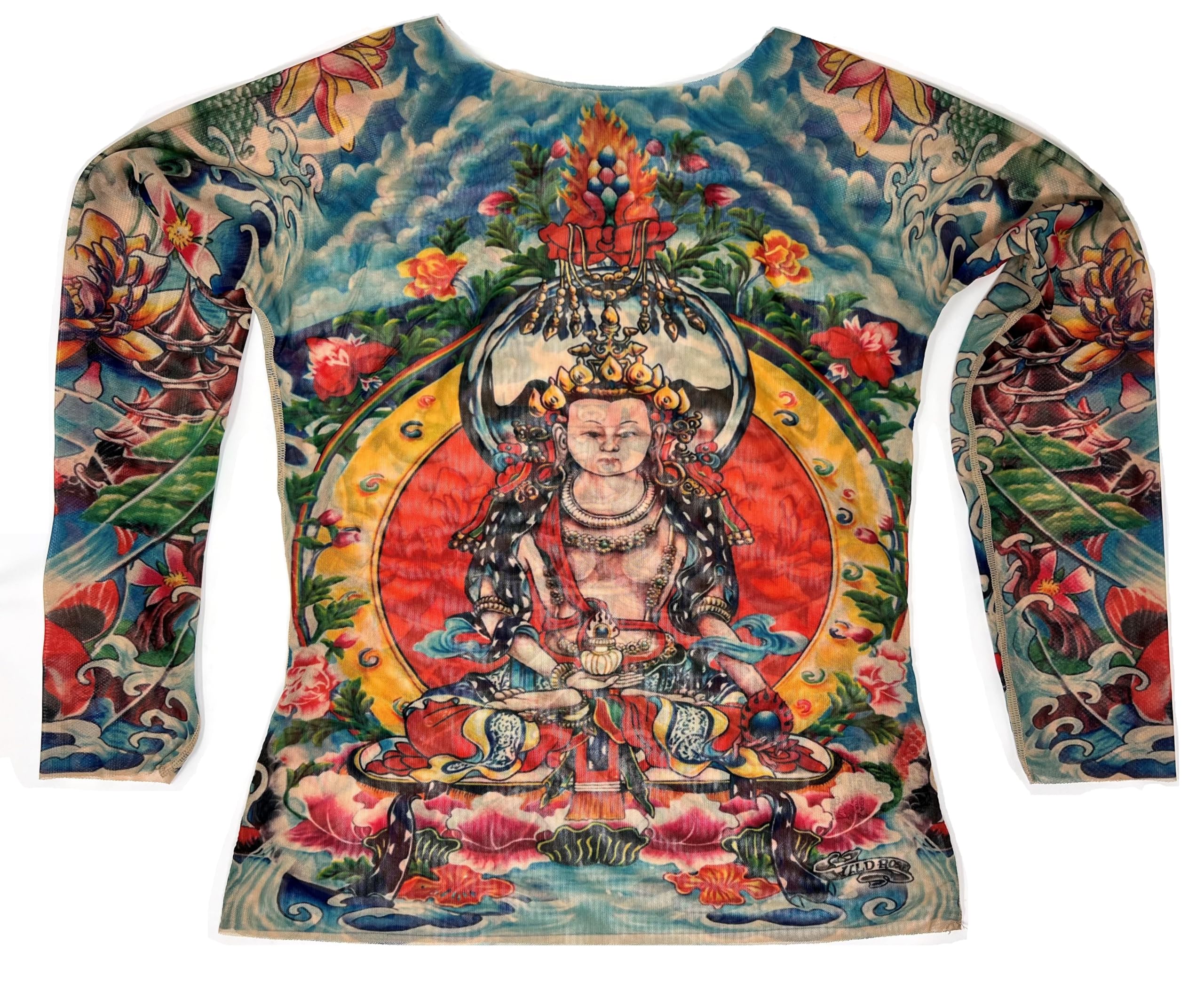 Wild Rose Women's Prayer Buddha Yoga Meditation Lotus Koi Zen Blue Tattoo Print Mesh Shirt - Perfect for Yoga, Meditation, and Spiritual Retreats