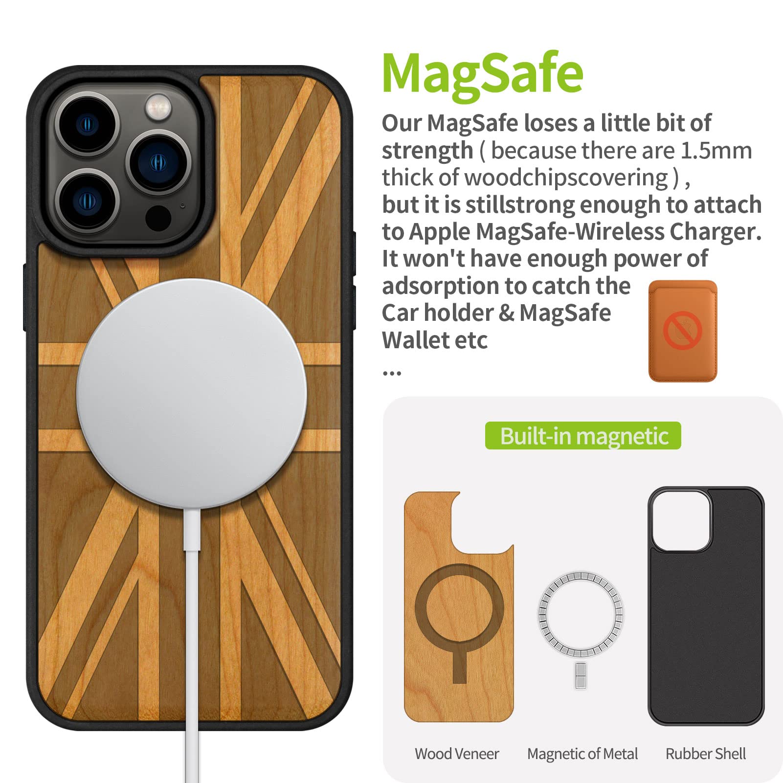 Carveit Magnetic Wooden Case for iPhone 14 Pro Max - Natural Wood & Black TPU Shockproof Protective Cover with Magsafe Compatibility | British Flag Cherry Design | Perfect for Outdoor Adventures & Business Meetings