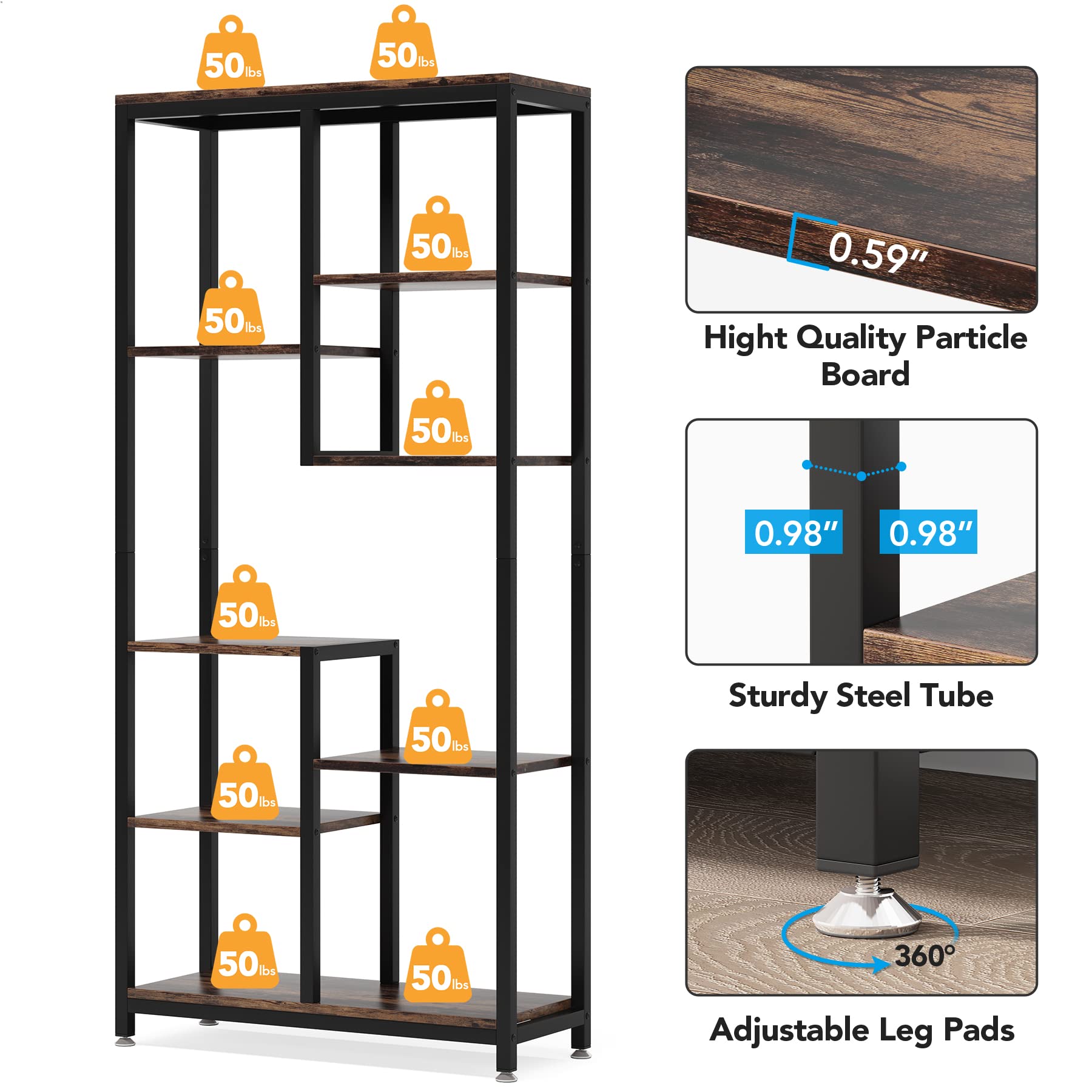 Tribesigns 6-Tier Tall Bookshelf - Industrial Style 8-Shelf Open Bookcase for Home & Office - Perfect for Living Room Storage, Book Display, and Home Organization