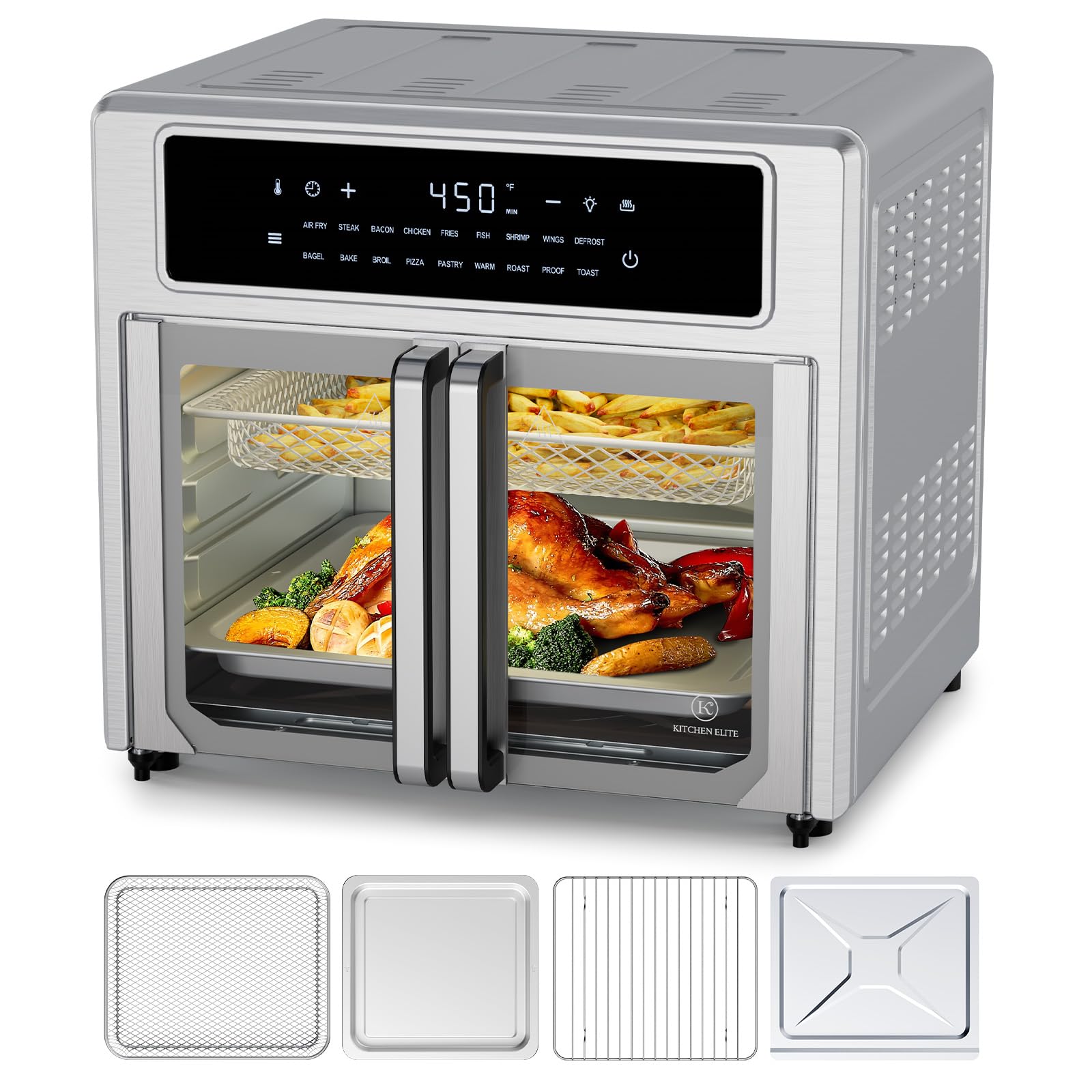 Kitchen Elite® 26.4 Qt Air Fryer Toaster Oven Combo - Large Countertop French Door Oven with 18 Presets, Preheat & Light Function, Multi-Layer Cooking, Easy Clean Stainless Steel - Perfect for Baking, Roasting, Air Frying & Family Meals