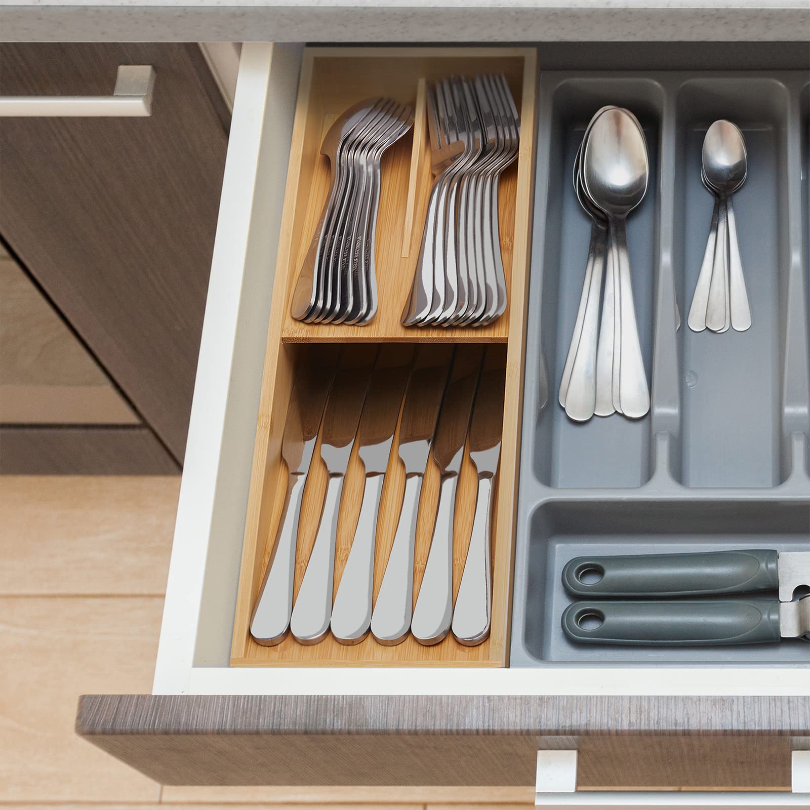 Bamboo Cutlery Organizer for Spoons Forks Knives - Kitchen Drawer Tray