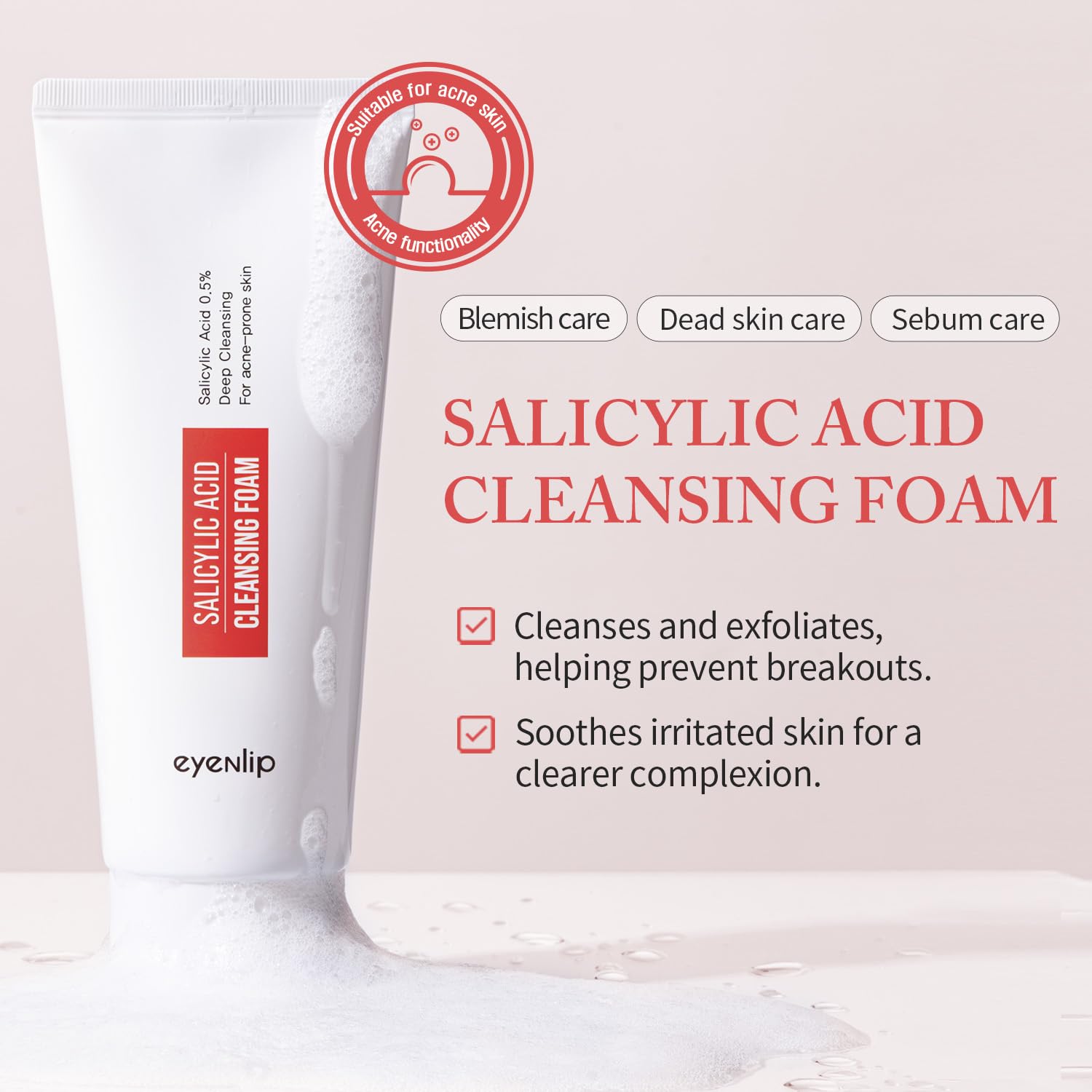 Salicylic Acid Cleansing Foam 5.07 fl oz (150ml) - Gentle Exfoliating Face Wash for Oily & Acne-Prone Skin - Korean Skincare with Soothing Castor Seed Oil - Smooth & Clear Skin - Perfect for Daily Acne Treatment & Deep Pore Cleansing