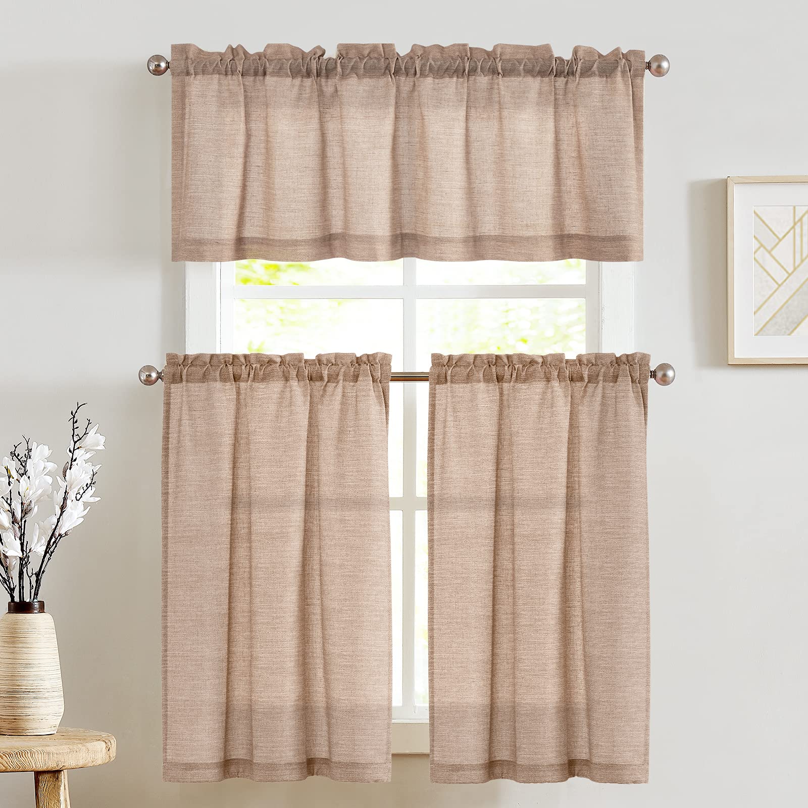 JINCHAN 3-Piece Kitchen Curtain Set with Valances - 24 Inch Linen Tier Cafe Curtains for Living Room, Bedroom, Bathroom - Farmhouse Rustic Country Style with Rod Pocket in Taupe - Perfect for Kitchen Windows, Cozy Home Decor & Country Cottage Aesthetic