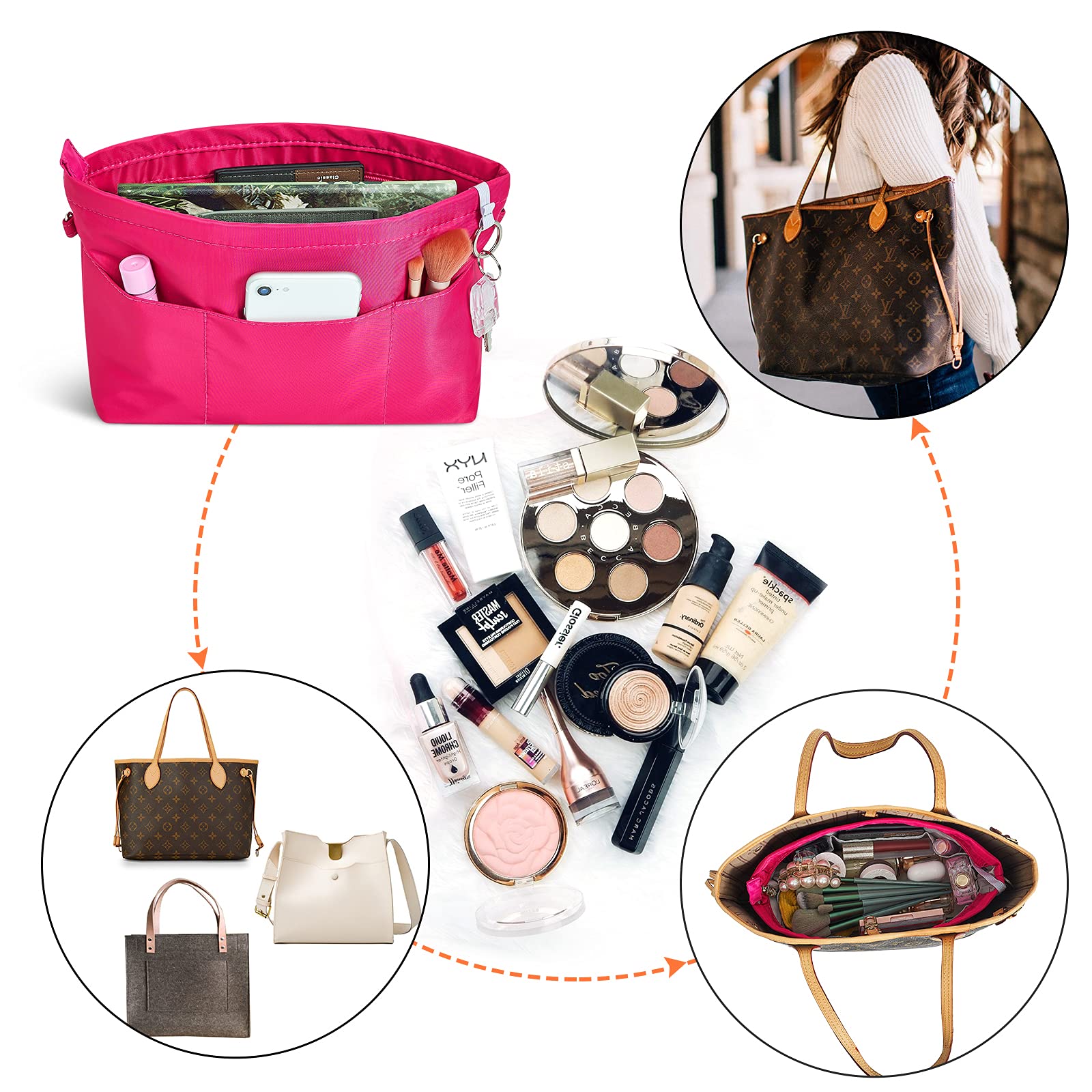 Premium Nylon Purse Organizer Insert - Tote Handbag Organizer with 13 Pockets & Zipper - 5 Sizes for Women - Perfect for Travel, Work & Daily Use