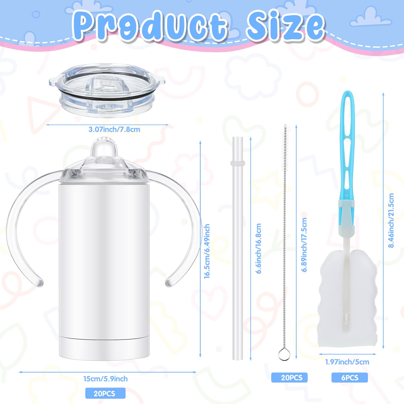 20 Pack 12oz Sublimation Sippy Cups - Blank Stainless Steel Kids Tumblers with Handle & Lid - Insulated Water Bottles for Toddlers - DIY Party Favors & Gifts - Perfect for Birthdays, Preschool & Outdoor Activities