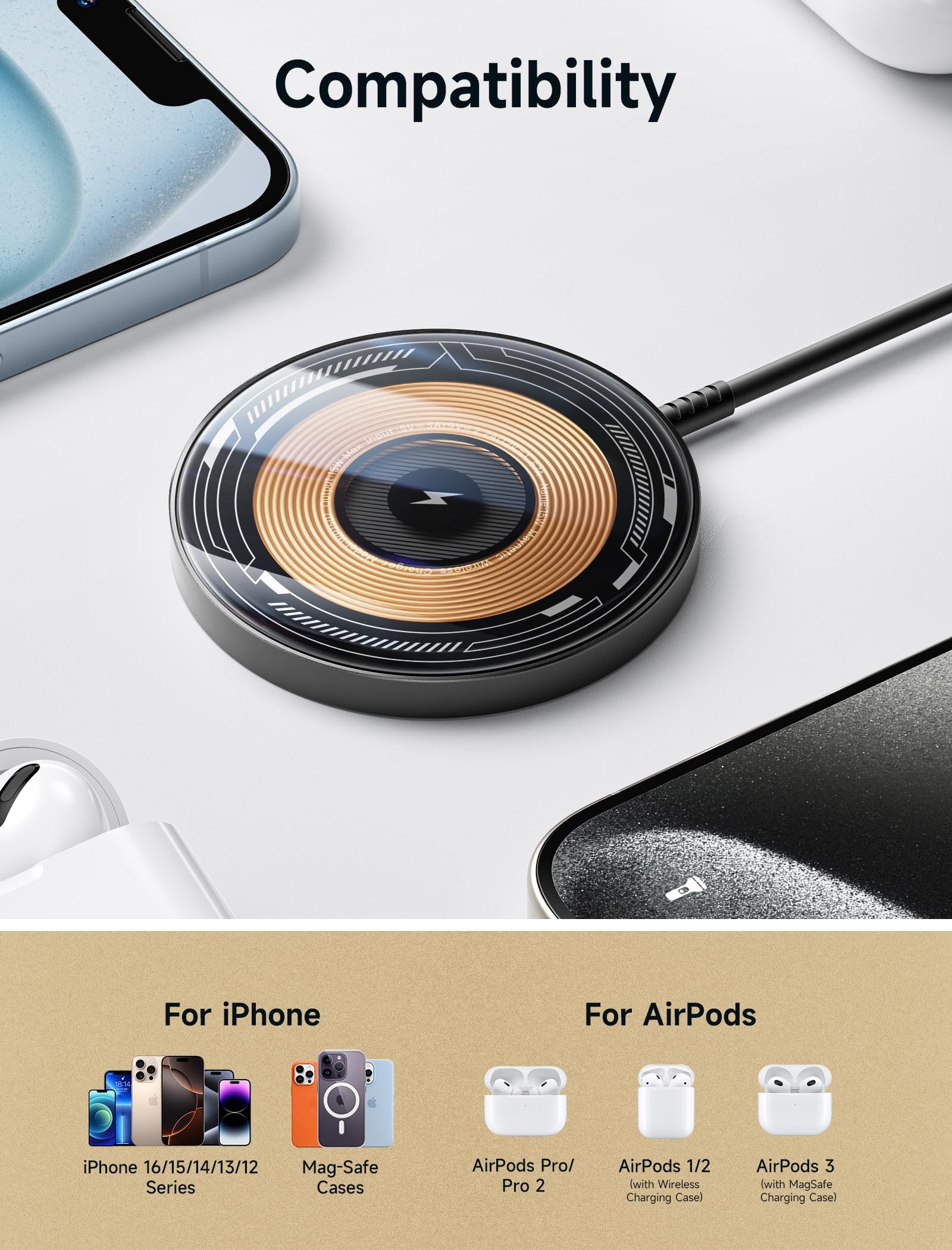 JSAUX Magnetic Wireless Charger for iPhone 15/14/13/12 Series - Fast Qi-Certified Charging Pad with Strong Magnets, Compatible with MagSafe Cases (Clear-Black) | Perfect for Home, Office & Car Use