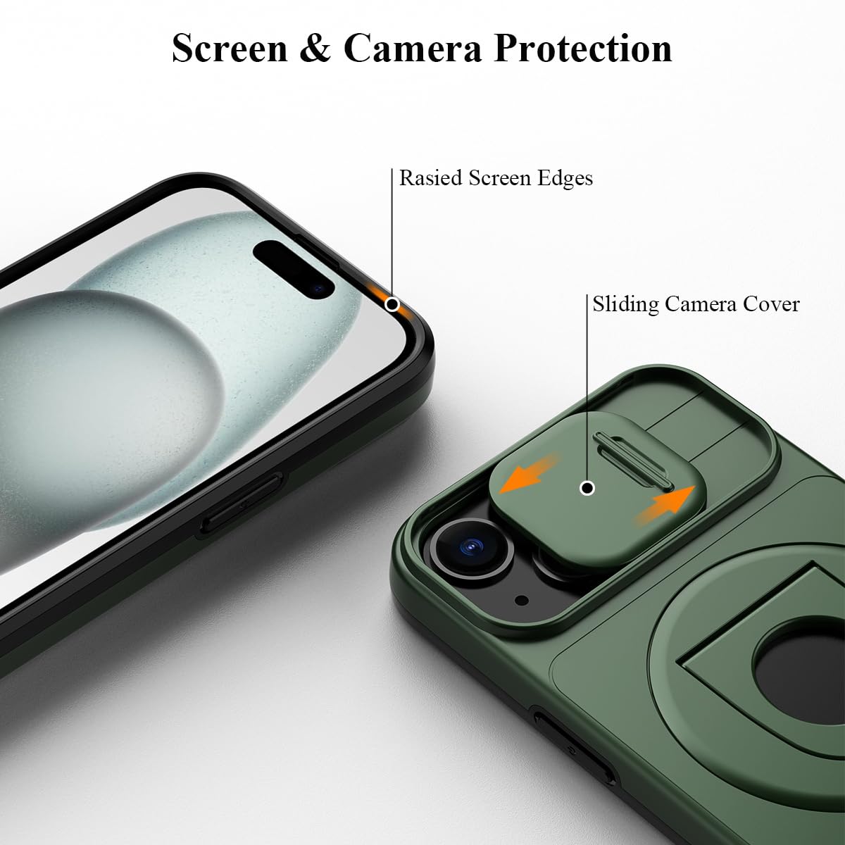 LakiBeibi iPhone 15 Case with Slide Camera Cover - Shockproof Heavy Duty Protective Case with Magnetic Rotating Ring Holder - Compatible with iPhone 15 (Green) - Perfect for Outdoor Activities, Travel, and Daily Protection