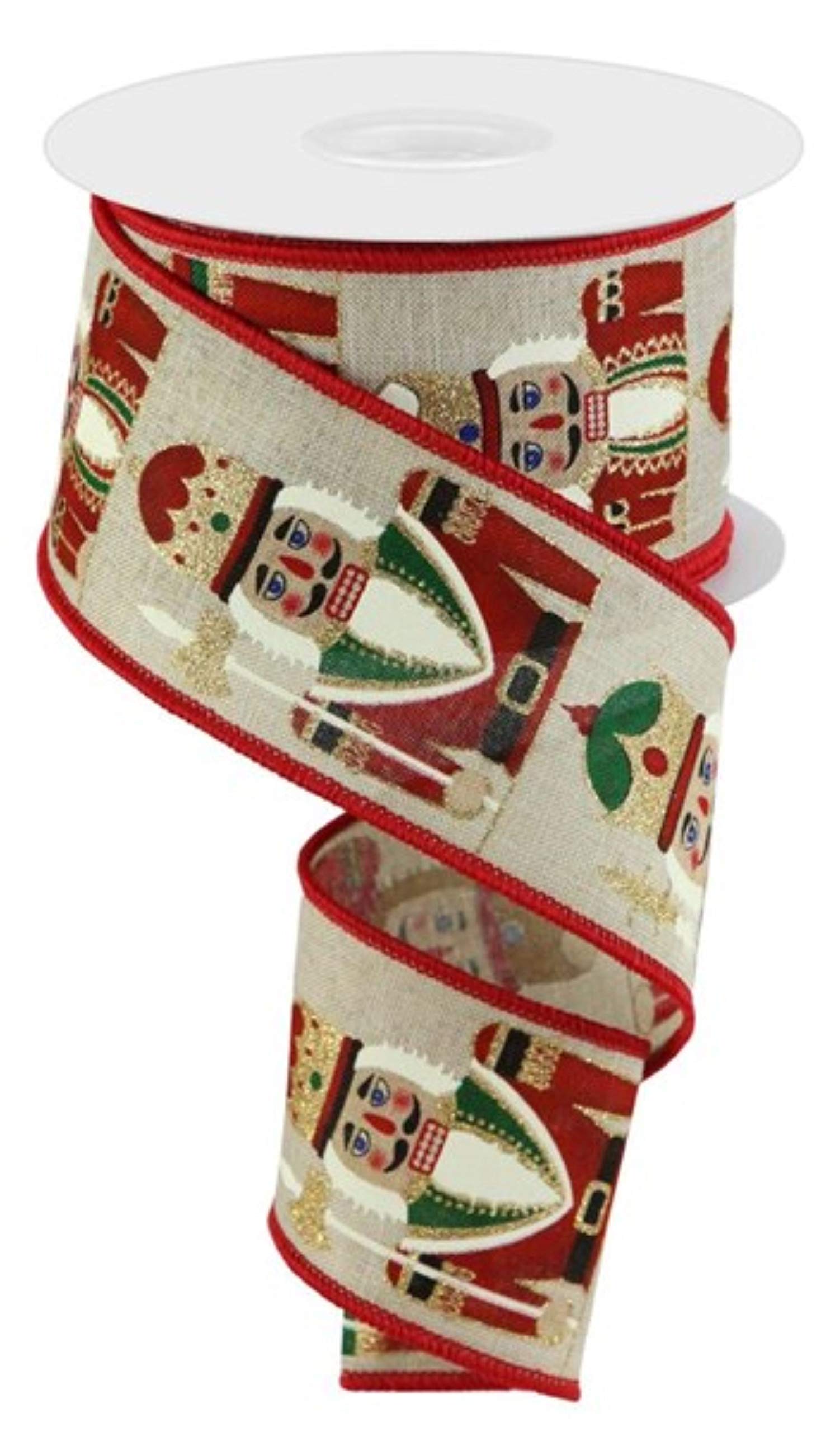Craig Bachman 2.5 Inch Nutcracker Christmas Ribbon - Light Natural Wired Edge Decorative Ribbon (10 Yards) for Holiday Gift Wrapping, Tree Decorations & DIY Crafts