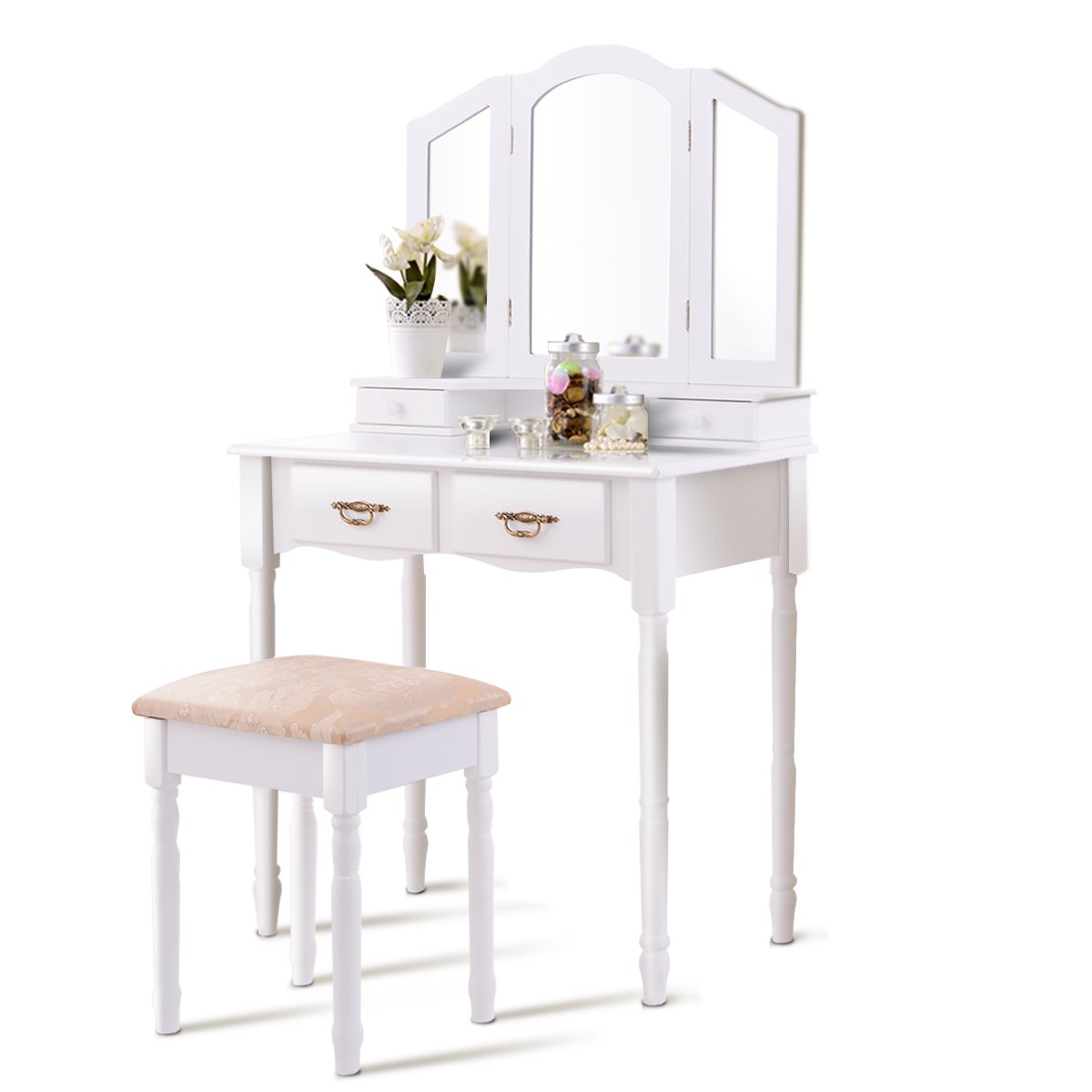 GOFLAME White Vanity Table Set with Tri-Folding Mirror, 4 Drawers & Spacious Tabletop - Detachable Makeup Dressing Table with Cushioned Stool | Perfect Makeup Organizer for Bedroom, Dressing Room & Beauty Salon | Ideal for Daily Makeup, Skincare & Hair Styling