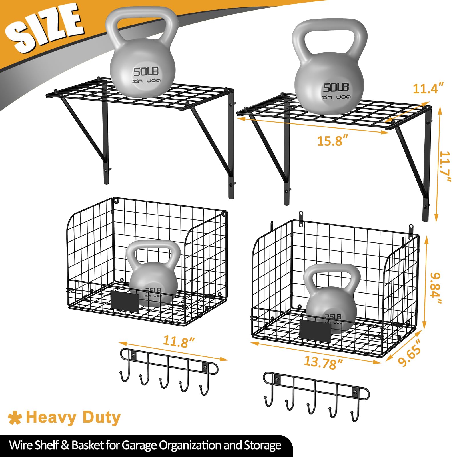 2 Pack Heavy Duty Wall Mounted Garage Shelves with Wire Baskets & Hooks - Sturdy Metal Storage Shelving for Tools, Garden Supplies & Garage Organization - Perfect for Home, Workshop & DIY Storage Solutions