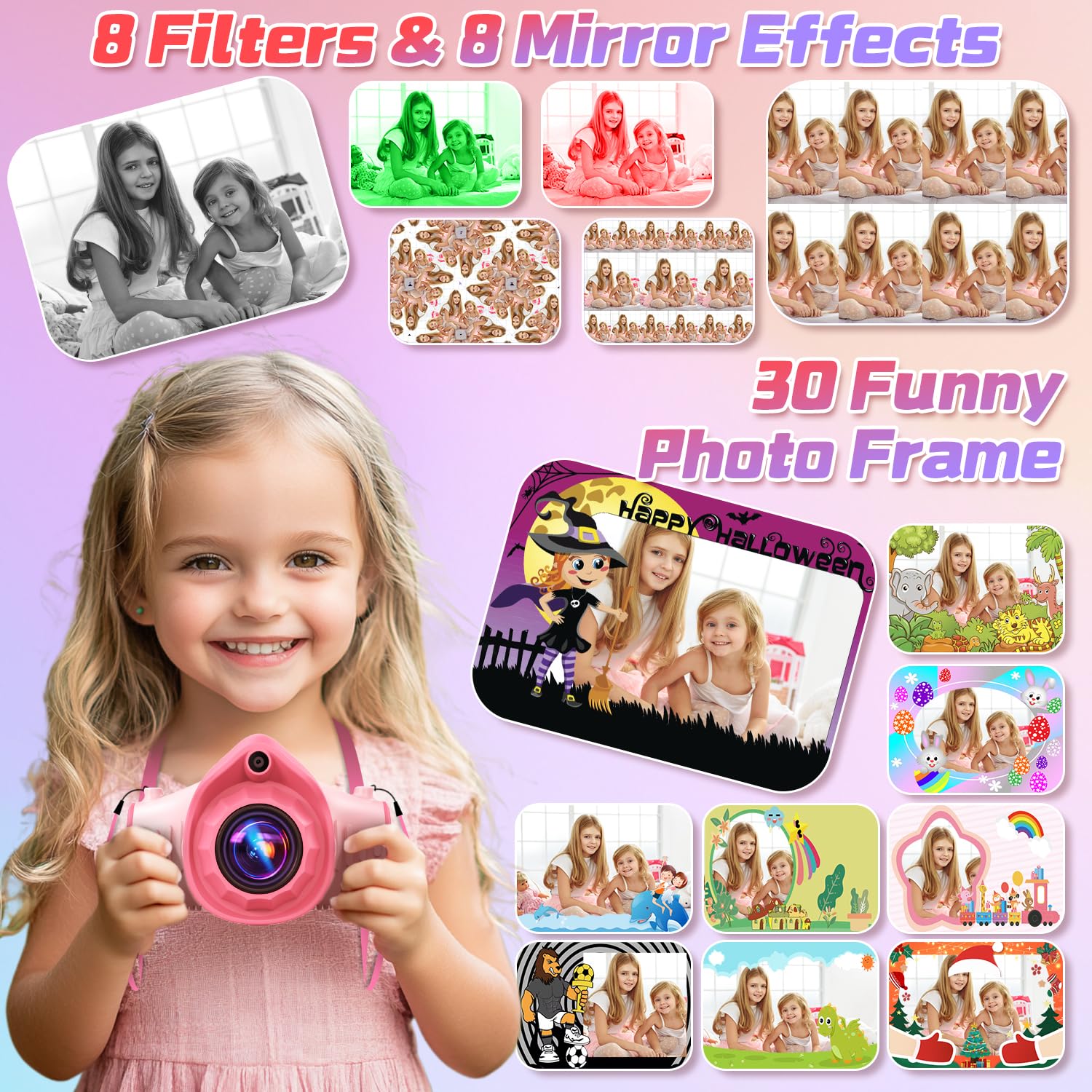 **Kids Camera with Projector - 1080P HD Big Screen Selfie Camera with Tripod, 32GB Memory, Perfect Birthday Gift for Boys & Girls Ages 6-12 (Pink) - Great for Travel, Parties & Creative Play**