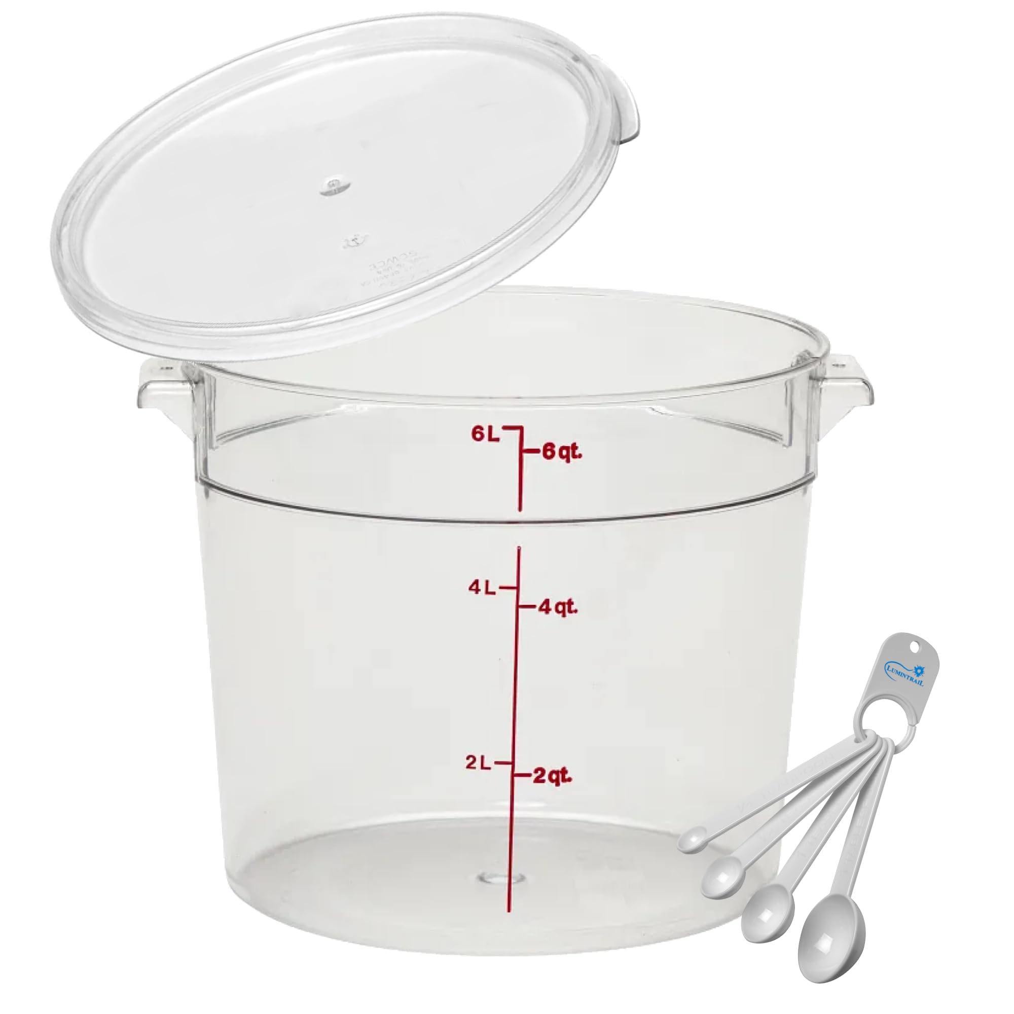 Lumintrail Cambro 6 Quart Round Clear Plastic Food Storage Container with Lid - BPA-Free Meal Prep Containers for Kitchen, Pantry & Restaurant Use - Includes Measuring Spoon Set for Cooking & Baking