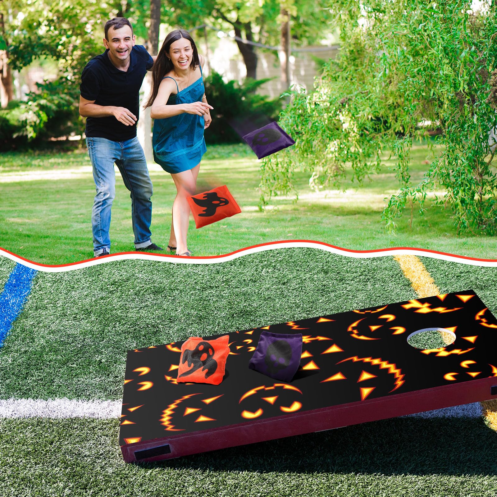 12 Pcs Halloween Thanksgiving Christmas Cornhole Game Bags - Pumpkin Skull Ghost Design Bean Bags for Tossing Games, Outdoor Party, Holiday Festivals & Family Gatherings