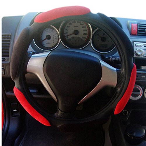 RayAuto Soft Suede Relax Foam Pads Cushion - Premium Car Steering Wheel Cover (Black with Red Stitching) for Comfort & Grip - Perfect for Long Drives, Commuting & Road Trips
