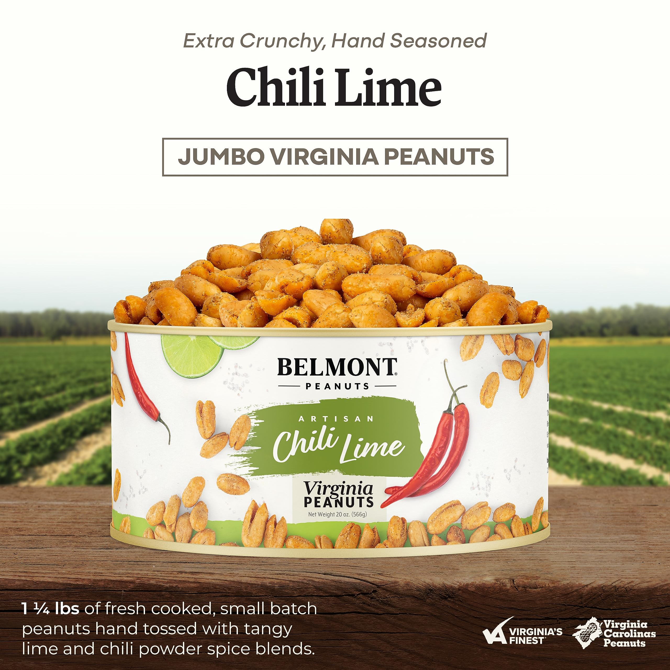 Belmont Peanuts Gourmet Chili Lime Virginia Peanuts, 20 oz (1 Pack) – All Natural, No Preservatives, High Protein (7g per Serving) – Spicy Citrus Snack for Parties, Office, Hiking & Game Night