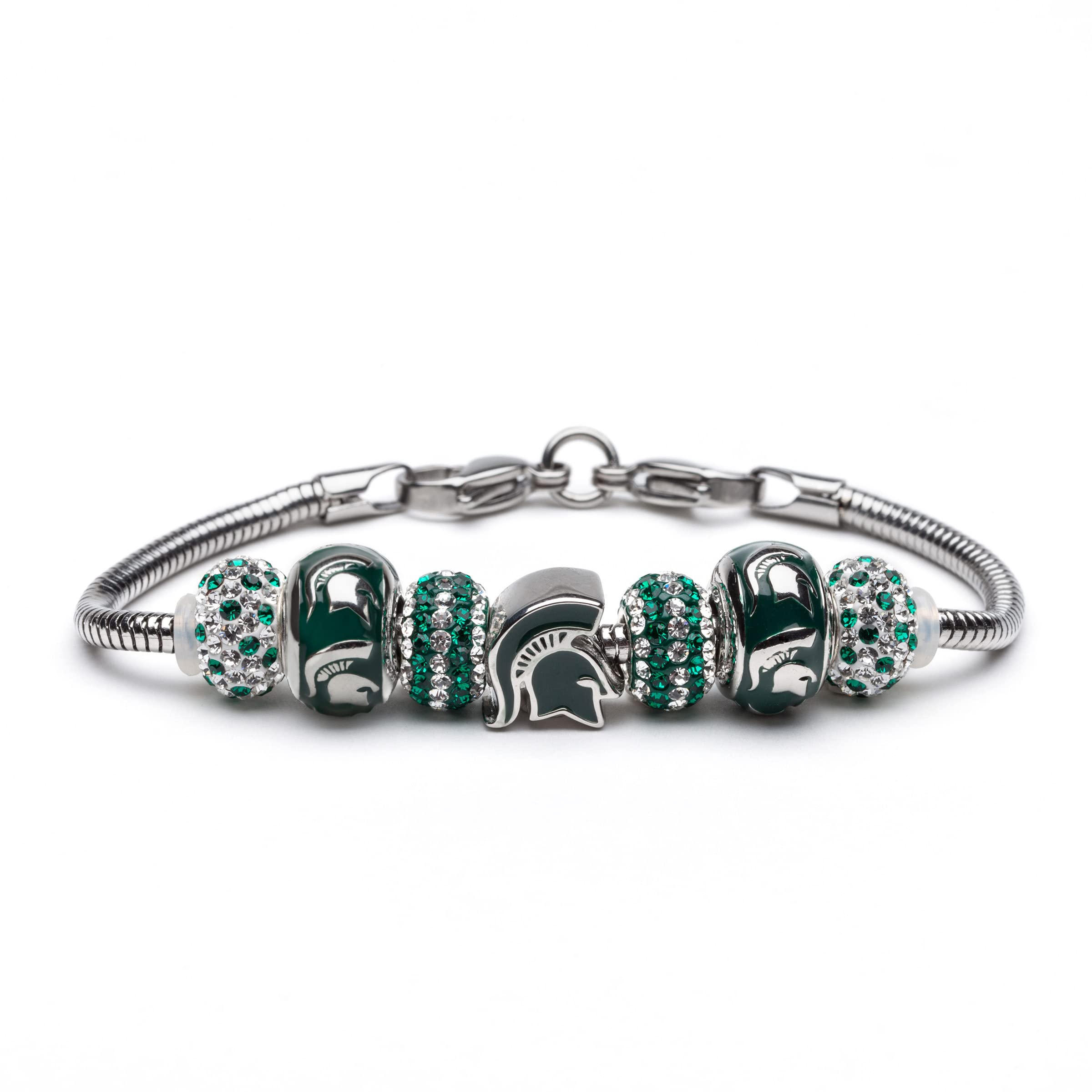 Michigan State Spartans Charm Bracelet - Official MSU Licensed Jewelry with 3 Spartan Charms & 4 Crystal Beads | Stainless Steel University Gift for Women & Men | Perfect for Game Day, Graduation & Spartan Pride