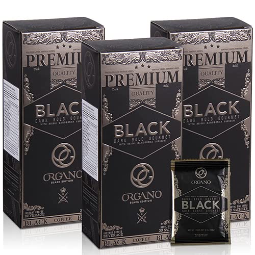Organic Ganoderma Black Coffee by Organo Gold - 100% Pure Reishi Mushroom, 30 Count (Pack of 3) - Fast Shipping - Perfect for Energy Boost & Immune Support at Home or Office
