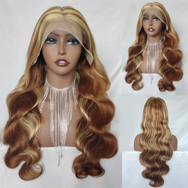 Eullair P8/613 Piano Highlights Body Wave 13×4 Lace Frontal Wig - Brown with Blonde Highlights Straight Human Hair Wig for Women | Perfect for Daily Wear, Parties & Special Occasions