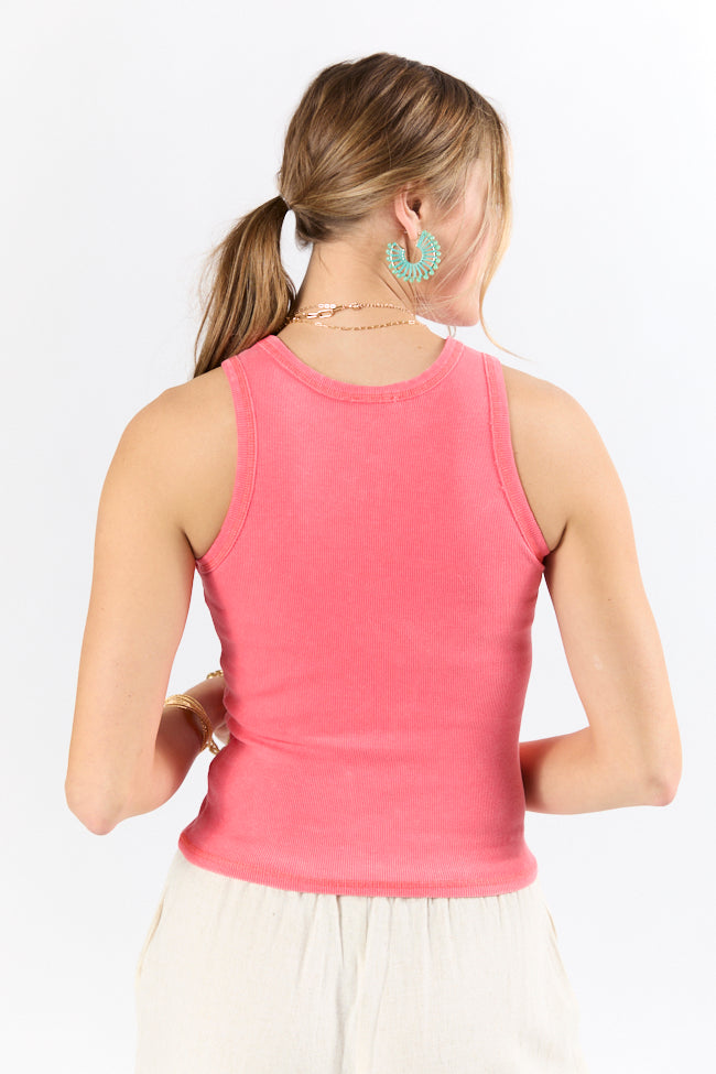 Cool Instincts Coral Acid Washed Rib High Neck Tank Top - Women's Fashion Slim Fit Cropped Cami for Summer Beach & Casual Outfits