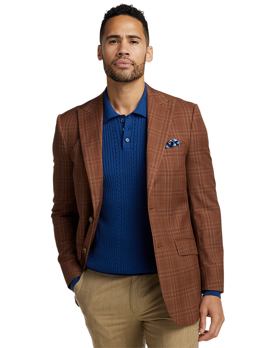 Men's Wool Plaid Single Breasted Peak Lapel Blazer - Copper Checkered Pattern | Formal Business Suit Jacket for Office, Wedding & Special Occasions