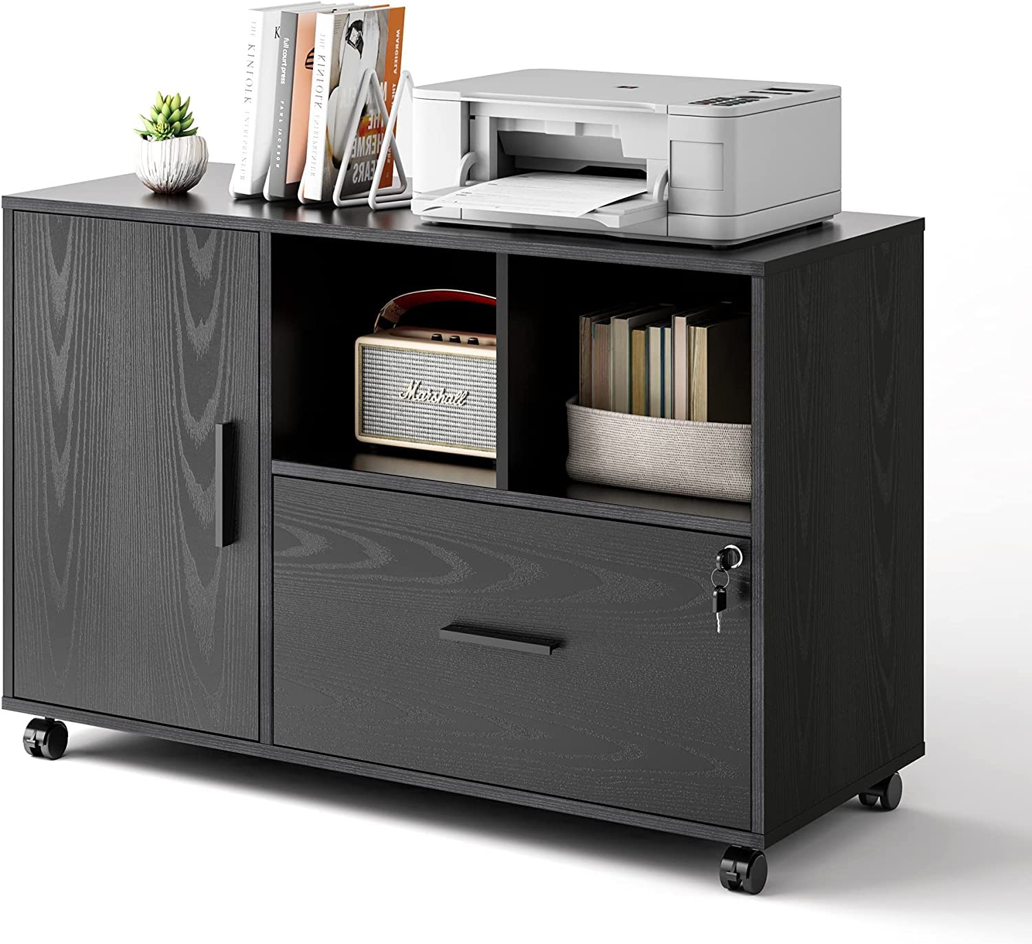 DEVAISE 1-Drawer Locking File Cabinet - Wooden Lateral Storage for Letter/Legal/A4 Documents - Office Filing Cabinet with Lock - Printer Stand with Storage - Black - Perfect for Home Office & Workspace Organization