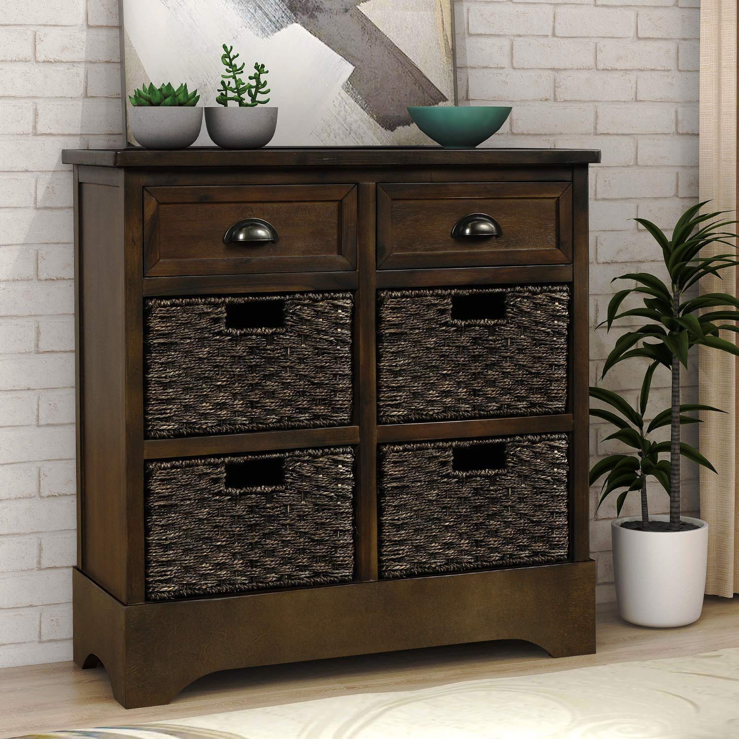 Vintage Storage Cabinet with 2 Wood Drawers & 4 Wicker Baskets - Rustic Organizer for Kitchen, Dining Room, Entryway or Living Room - Perfect for Blankets, Toys & Home Decor (Gray Brown)