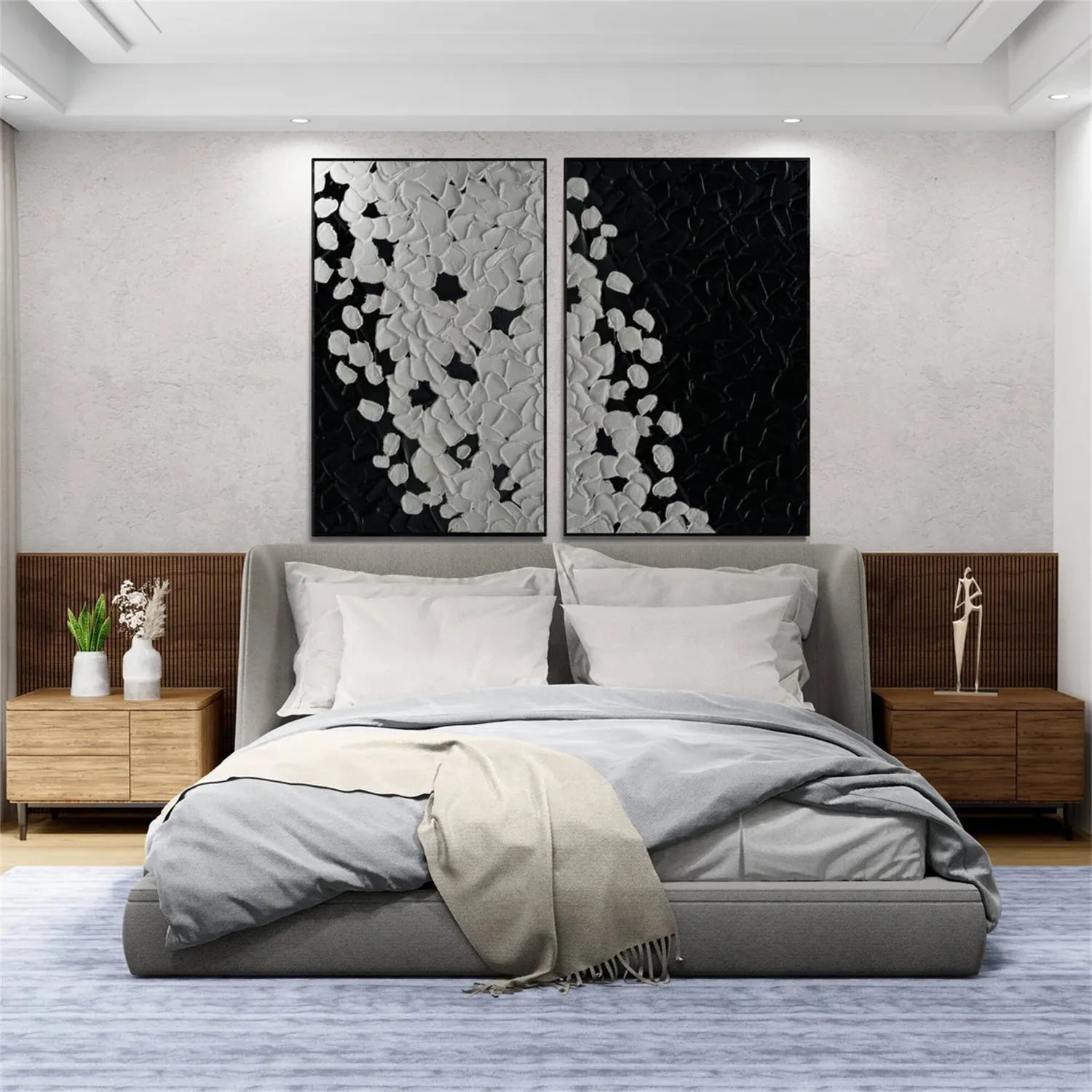 Modern Black and White Textured Minimalist Wall Art Set of 2 - Abstract Canvas Paintings for Living Room, Bedroom & Office Decor #MZ107